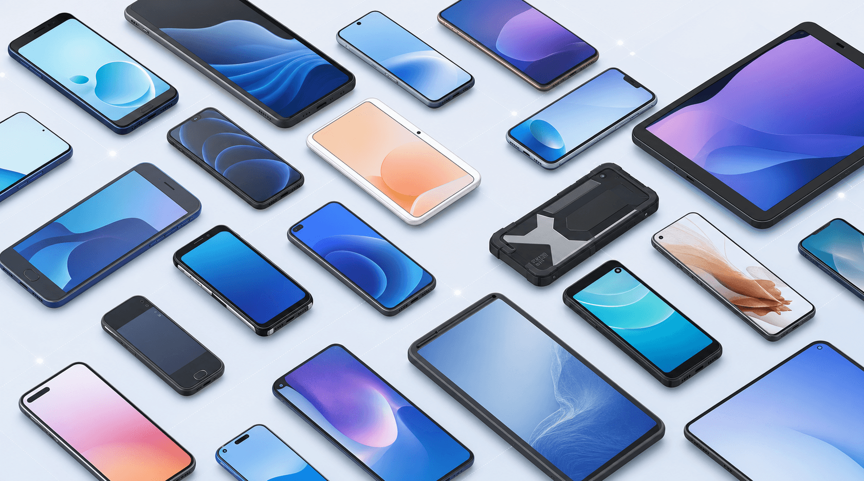 An array of phones and tablets spanning different sizes, aspect ratios and manufacturers, illustrating device fragmentation