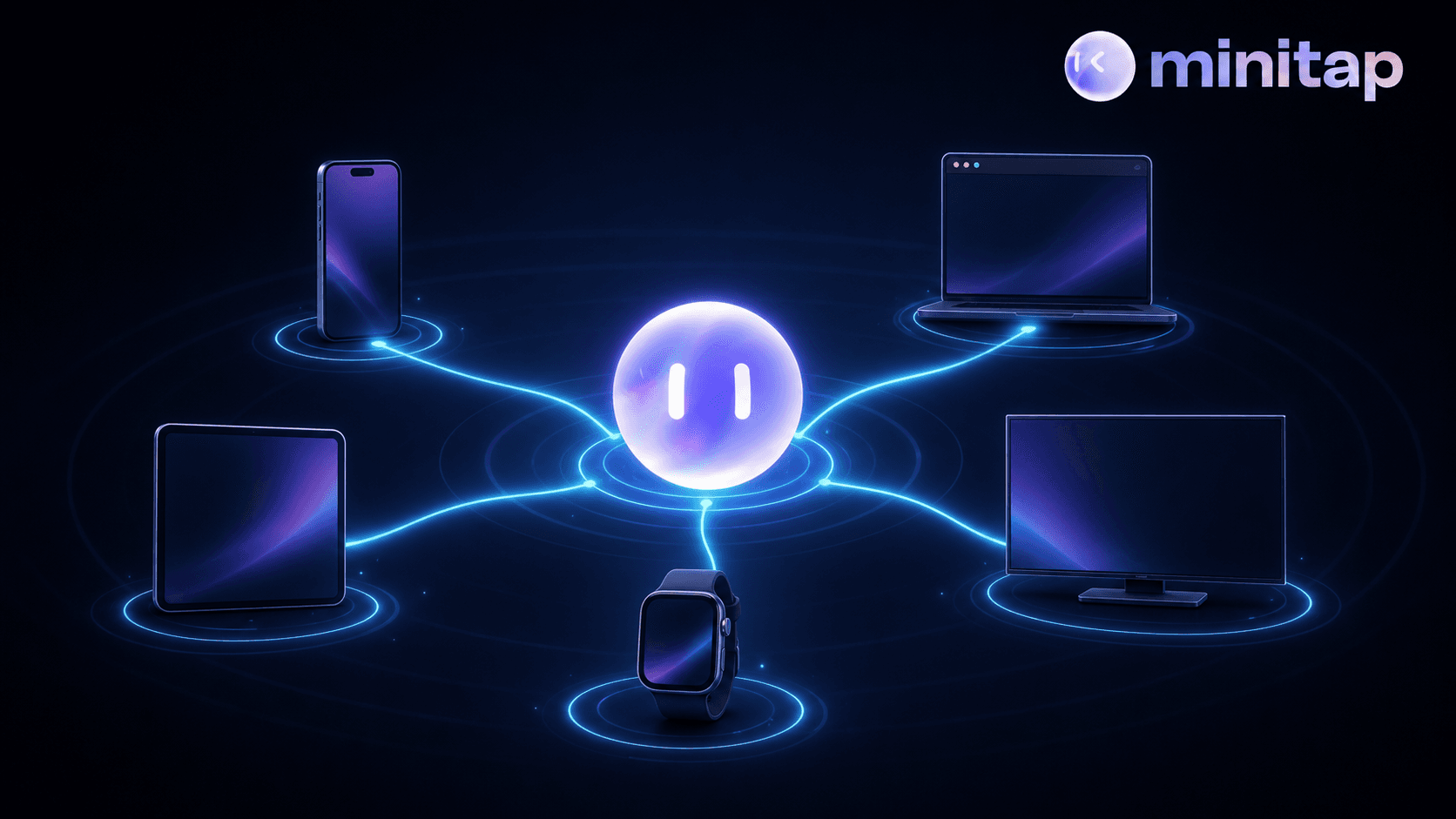 A digital illustration of an autonomous AI agent icon at the center connected by glowing lines to multiple device silhouettes: a smartphone, a tablet, a laptop browser window, a television screen, and a smartwatch, arranged in an orbit around it, symbolizing automated testing across many platforms simultaneously. Dark blue and black color scheme with cyan accent glow, abstract and modern, no text or letters visible.