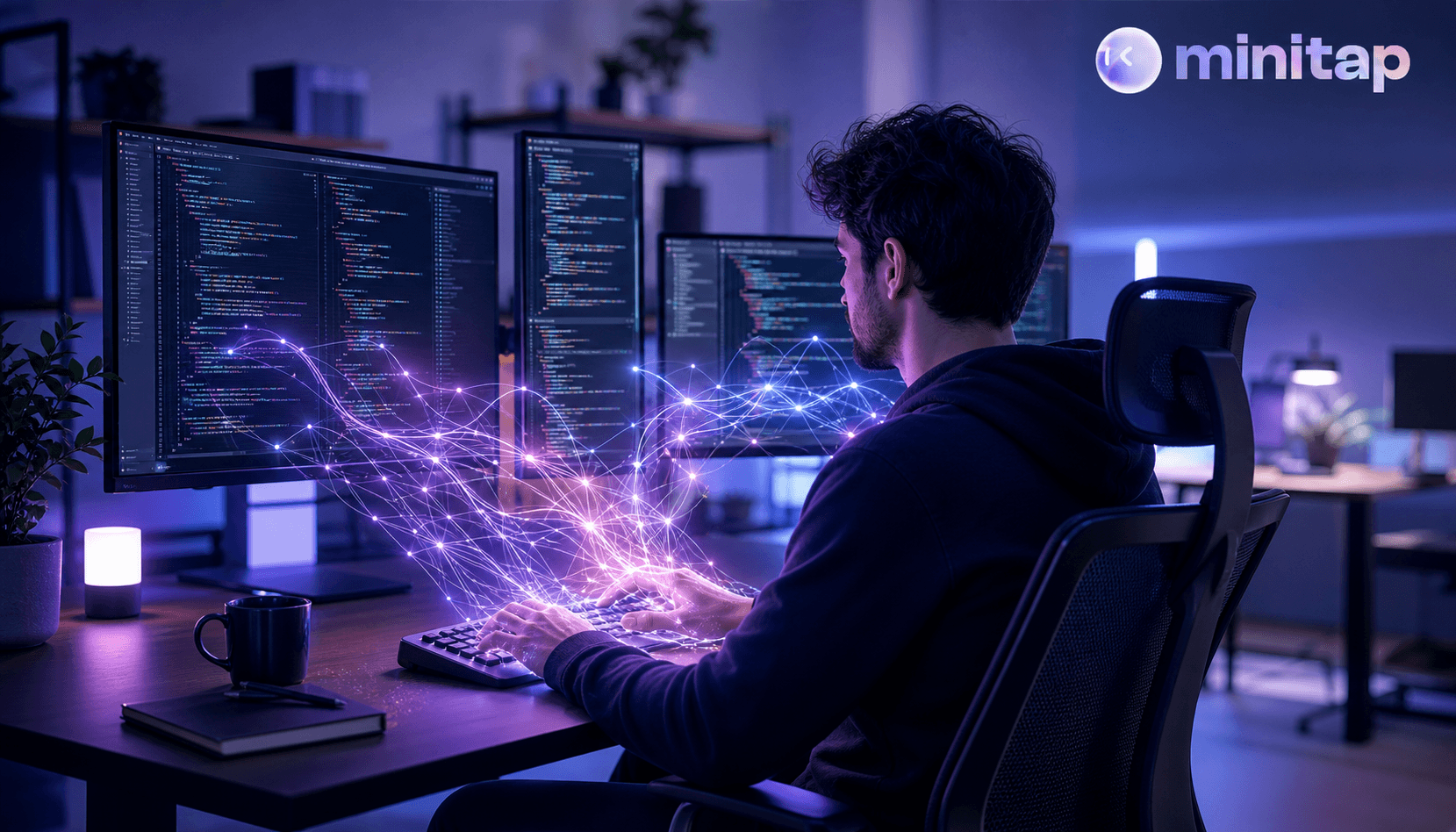 A developer sitting at a modern workstation with multiple monitors showing code editors, abstract glowing neural network lines flowing between the screen and the developer's hands on the keyboard, representing human and AI collaboration, cool blue and purple lighting, professional software engineering environment, no text or labels