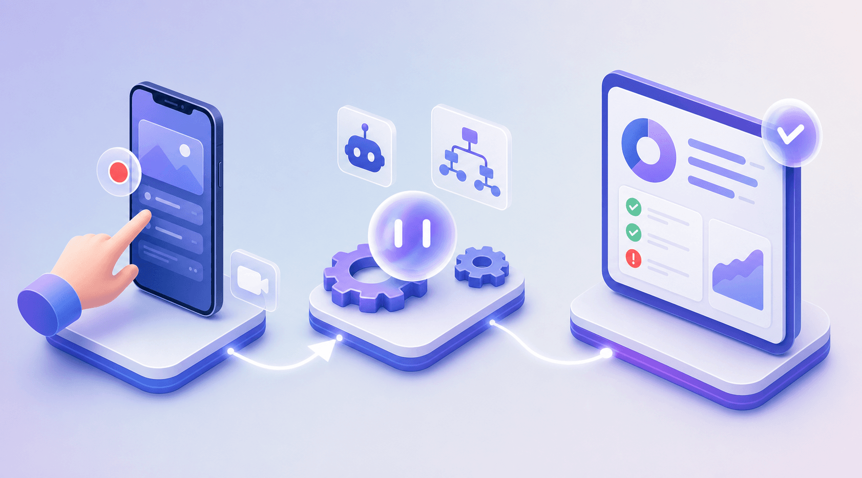 A mobile testing workflow: a recorded phone session feeding automated execution, then a results dashboard