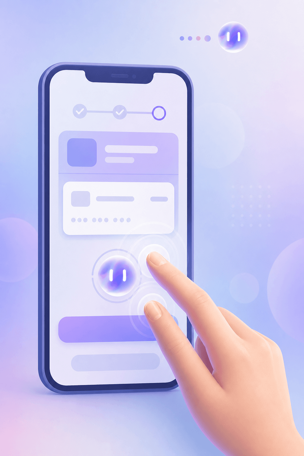 A mobile phone screen showing a checkout/payment flow interface with a loading spinner and a finger tapping the screen twice rapidly, illustrated in a clean modern flat vector style, soft blue and purple gradient background, abstract UI elements like buttons and cards, no text or letters visible anywhere in the image