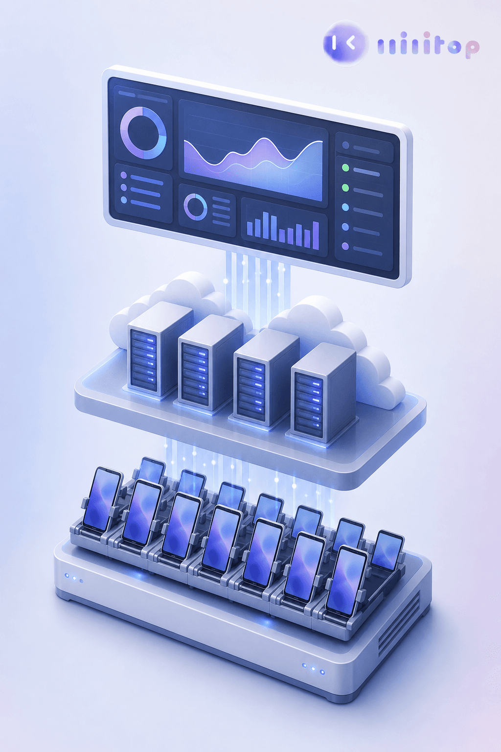 A clean modern tech illustration of a layered infrastructure stack for mobile testing: at the base, a rack of physical smartphones and tablets mounted in a device lab; in the middle, a row of cloud server towers representing cloud simulators and emulators; at the top, a dashboard-like monitor screen with abstract graphs and status indicators representing centralized reporting. Connect the layers with subtle glowing lines to show data flow. Cool blue and gray color palette, soft shadows, isometric style, no text, no words, no letters, no logos.