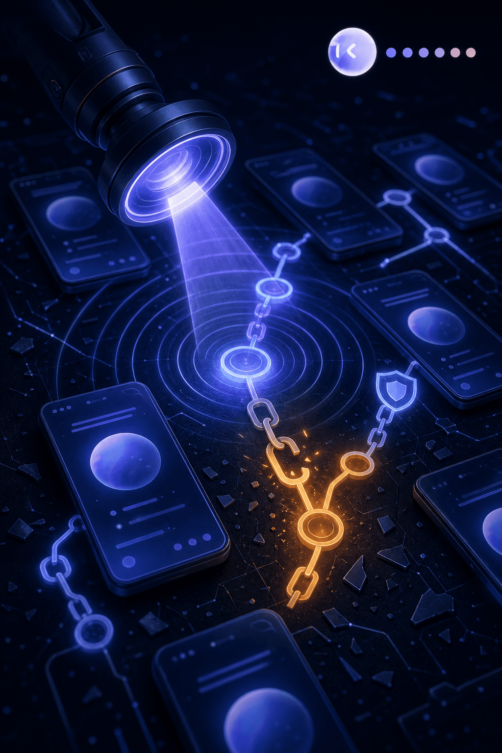 A dark, cinematic digital illustration showing an abstract mobile app interface being actively tested by a glowing scanning beam or magnifying lens, revealing a hidden broken link in a chain of connected nodes representing an authorization flow. Concentric radar-like scan waves emanate across a grid of app screens, with one screen highlighted in amber showing an open, unguarded access point among otherwise secure blue-lit screens. Fragmented depth-of-field blur in the background. Moody blue and amber palette, cinematic lighting, no text, no words, no letters.