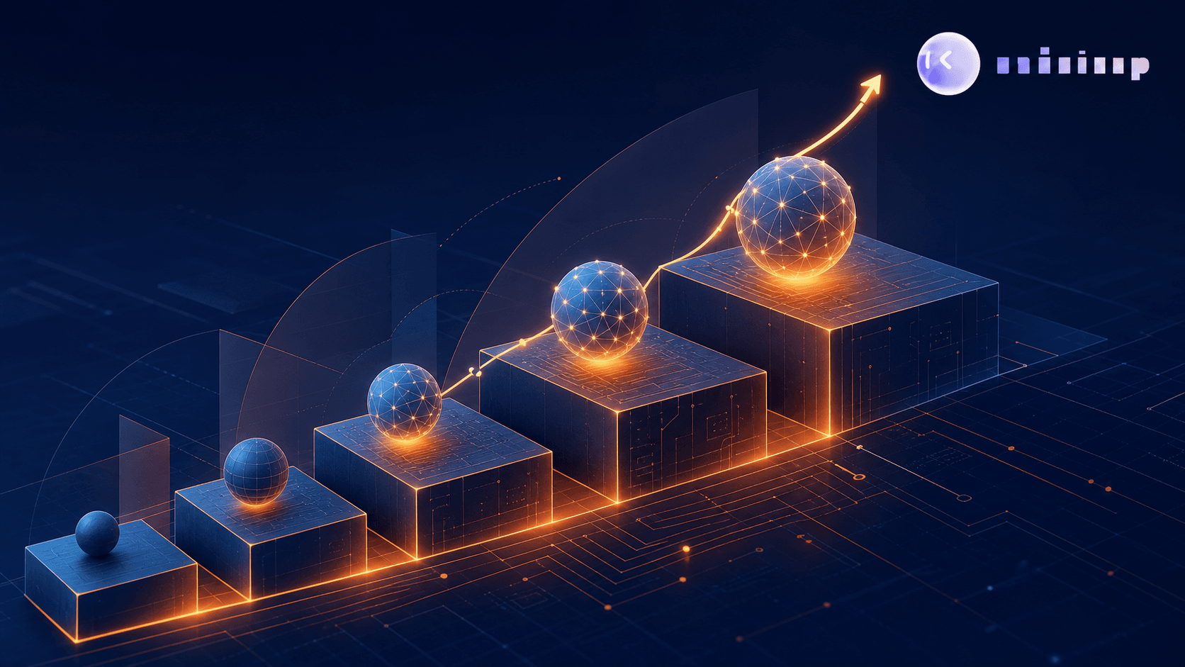 A conceptual illustration showing an upward escalating staircase or curve, where each step is progressively larger and more complex, symbolizing rising cost and complexity. Use a modern tech-editorial style with a dark blue and orange color palette, abstract geometric shapes, subtle circuit-like linework, no text, no words, no letters, no numbers.