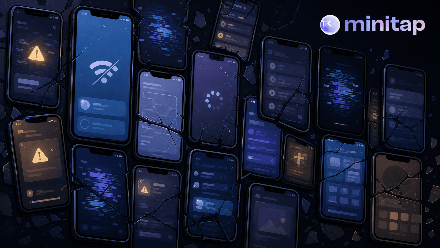 A fractured grid of mobile phone screens showing iOS and Android devices in various sizes and orientations, each displaying a different UI state — some screens show broken connections, glitching interfaces, or disconnected elements — symbolizing selector fragility and test suite drift across a fragmented mobile device landscape, dark background with cool blue and amber tones, flat illustration style