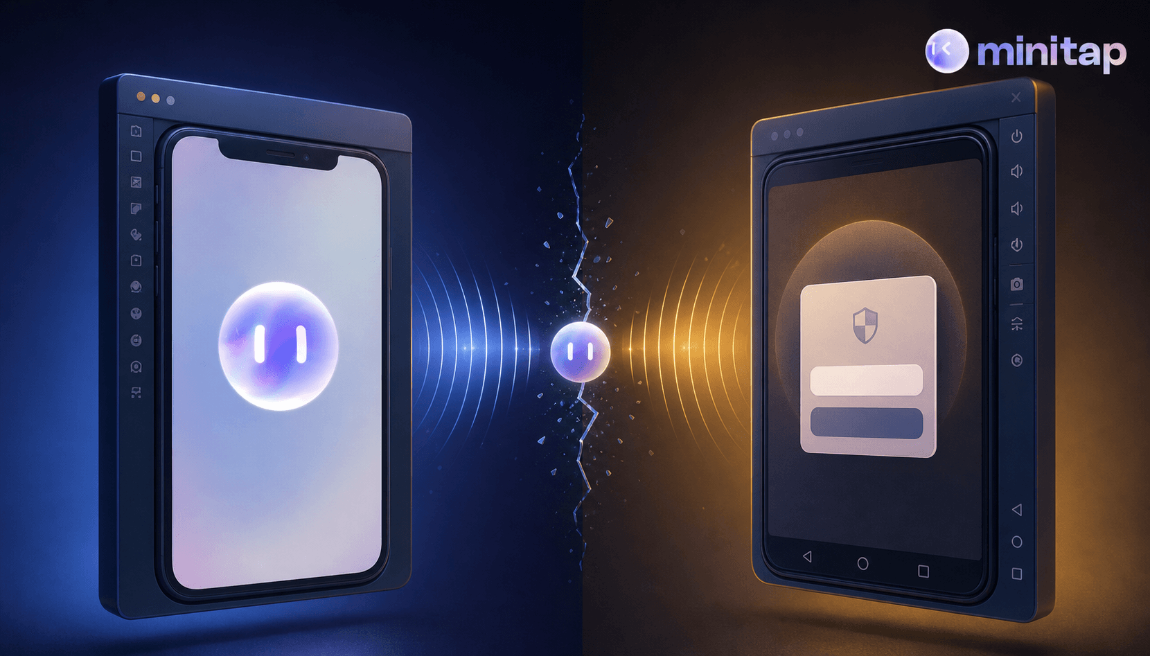 A split-screen illustration showing an iOS simulator and Android emulator side by side on floating screens, with abstract network signal waves dropping mid-screen to show a connectivity interruption, a permission dialog overlay appearing on one screen, and the app visually freezing or showing a blank state on return, dark cinematic blue and amber lighting, digital illustration style, no text or labels