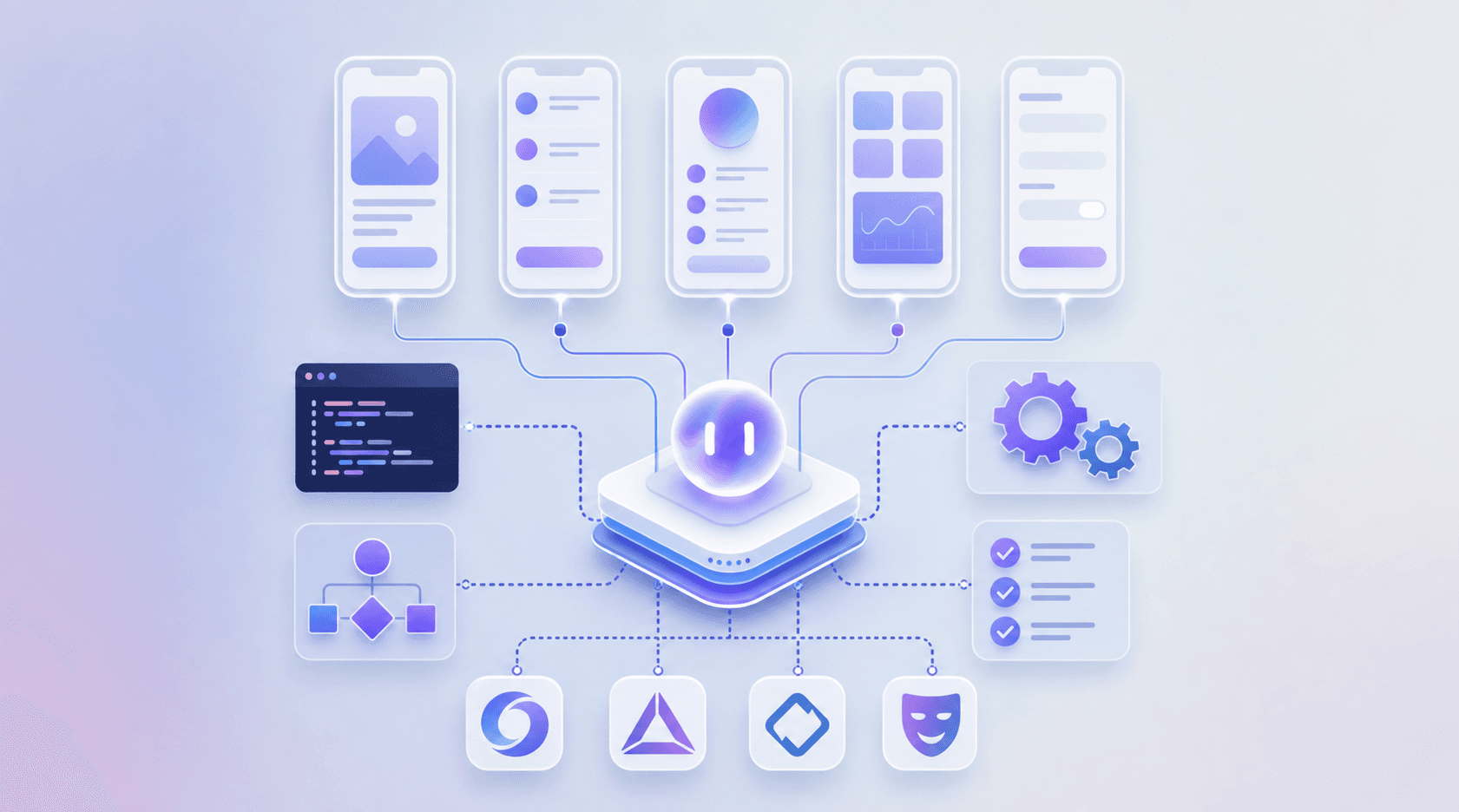 App screens linked to a central testing hub, representing frameworks, execution flows and automation