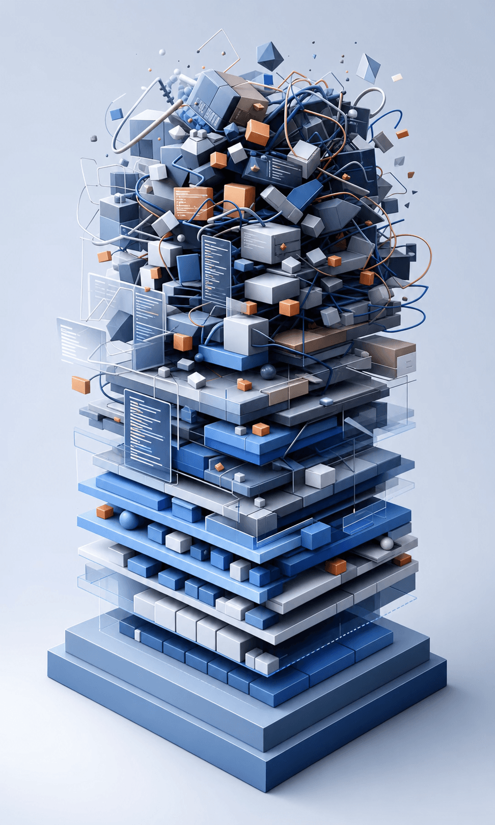 Layers of test code stacking up, orderly at the base and increasingly chaotic toward the top, as maintenance debt accumulates