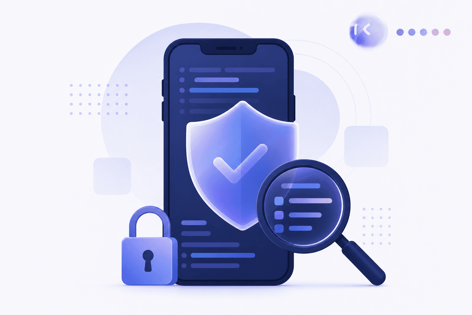 A clean, modern technical illustration representing mobile app security scanning during development, featuring an abstract smartphone silhouette with a translucent shield icon overlaying it, a magnifying glass inspecting lines of abstract code blocks, and a small padlock icon, rendered in a minimalist tech style with a blue and dark navy color palette, subtle gradients, geometric shapes, on a clean white or light gray background, no text or letters anywhere in the image