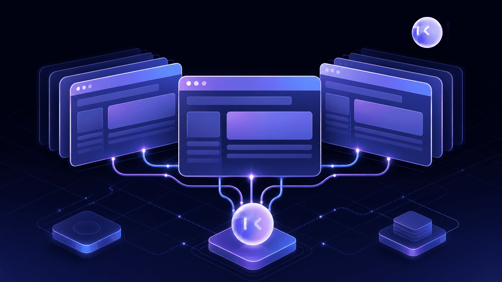 A clean, modern technical illustration showing an abstract browser automation concept: multiple overlapping browser window frames connected by flowing lines, representing parallel test execution across different browser tabs and contexts. Use a cool blue and purple gradient color palette with a dark background, geometric and minimal style, subtle grid lines suggesting network/automation architecture, no text or letters anywhere in the image.