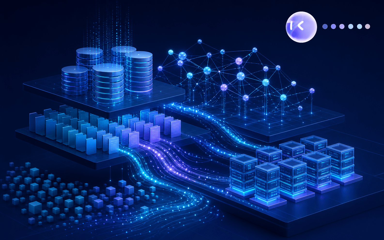A conceptual technical illustration showing layered digital infrastructure: stacked database cylinders, file storage blocks, a network of interconnected nodes, and flowing data streams, rendered in a modern dark-blue and teal color palette with clean geometric shapes, depicting different scales of data systems stress-tested under heavy load. No text, no words, no letters, no numbers anywhere in the image.