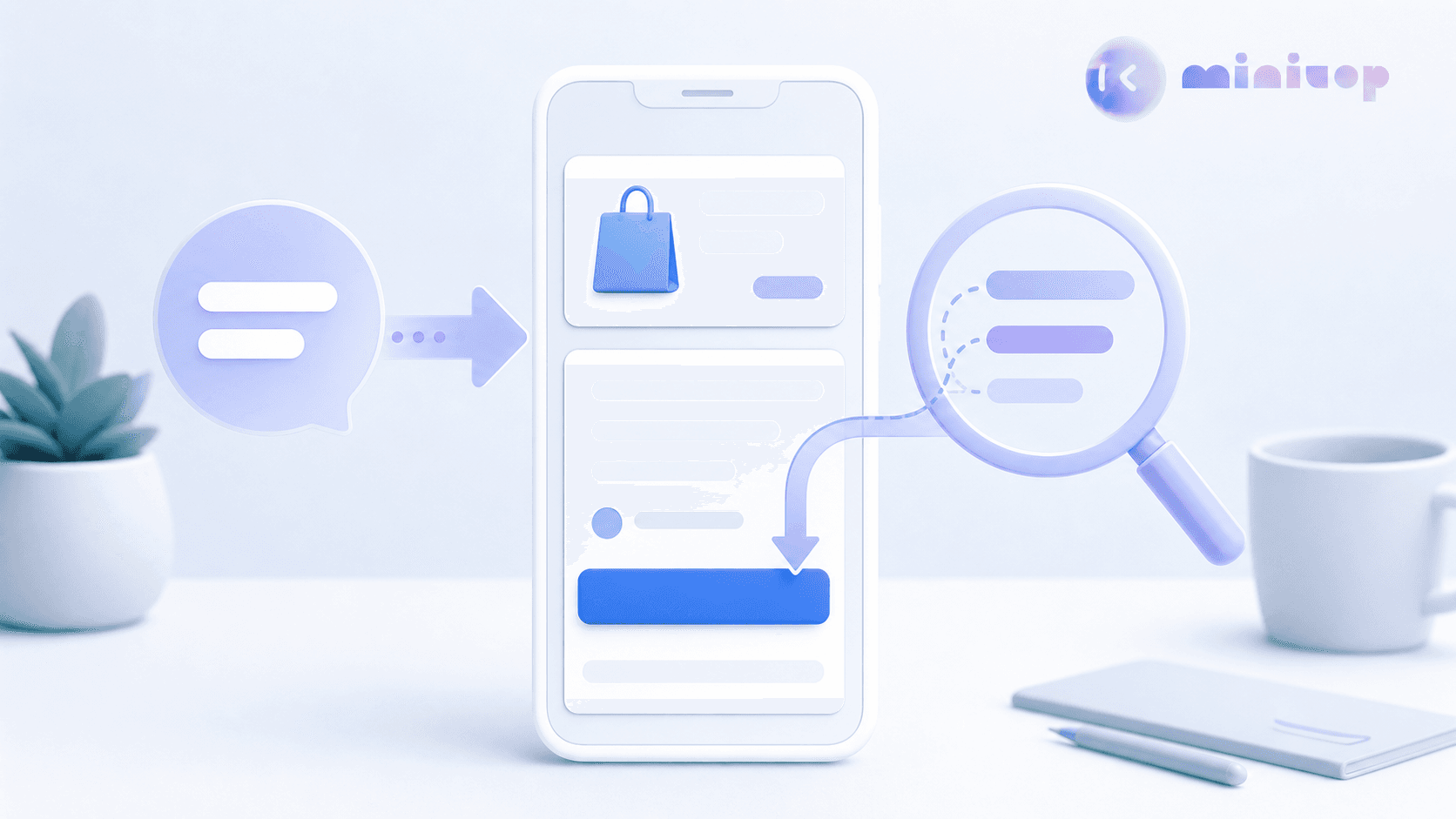 A modern flat-style illustration of a mobile phone on a desk showing an app interface with a checkout button, with translucent overlay arrows and a magnifying glass symbol pointing from a speech-bubble icon toward the button, conveying the idea of plain language being interpreted and mapped onto an app's on-screen elements. Clean tech-blue and white color palette, minimal, professional, no text or letters anywhere in the image.