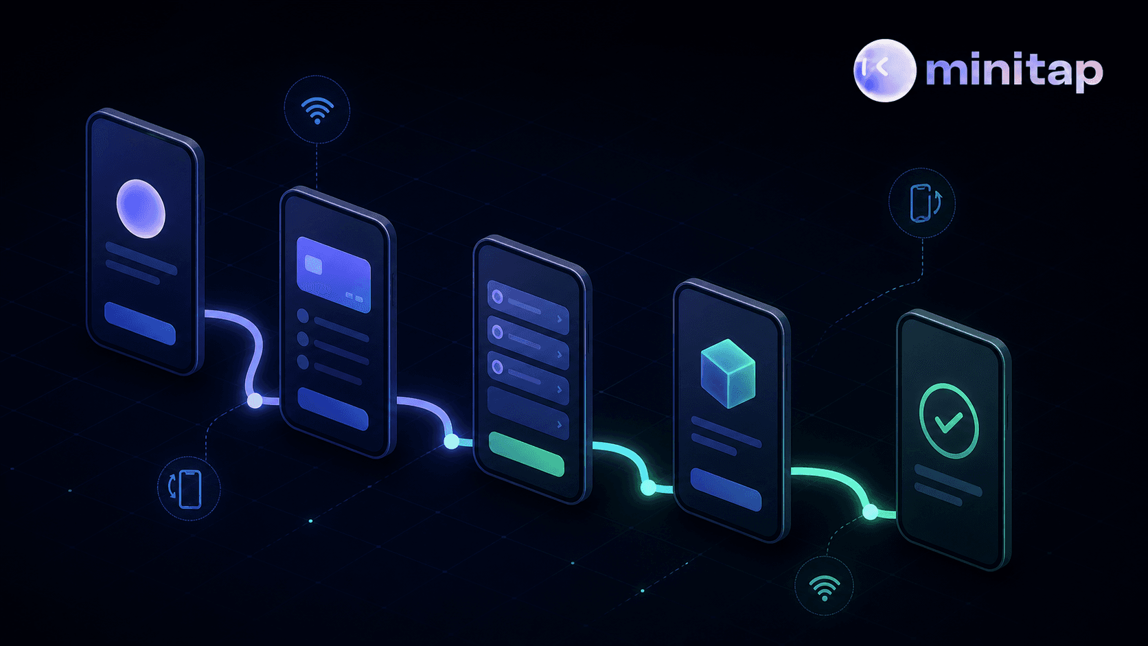 Abstract technical illustration of a mobile app user journey spanning multiple screens on a smartphone, shown as a flowing path connecting several phone screens in sequence, with a checkout or multi-step flow highlighted by glowing connecting lines. Include subtle icons suggesting network signal and device rotation states along the path. Dark background with blue and green accent colors, subtle grid, minimal and abstract style, no text or letters anywhere in the image.