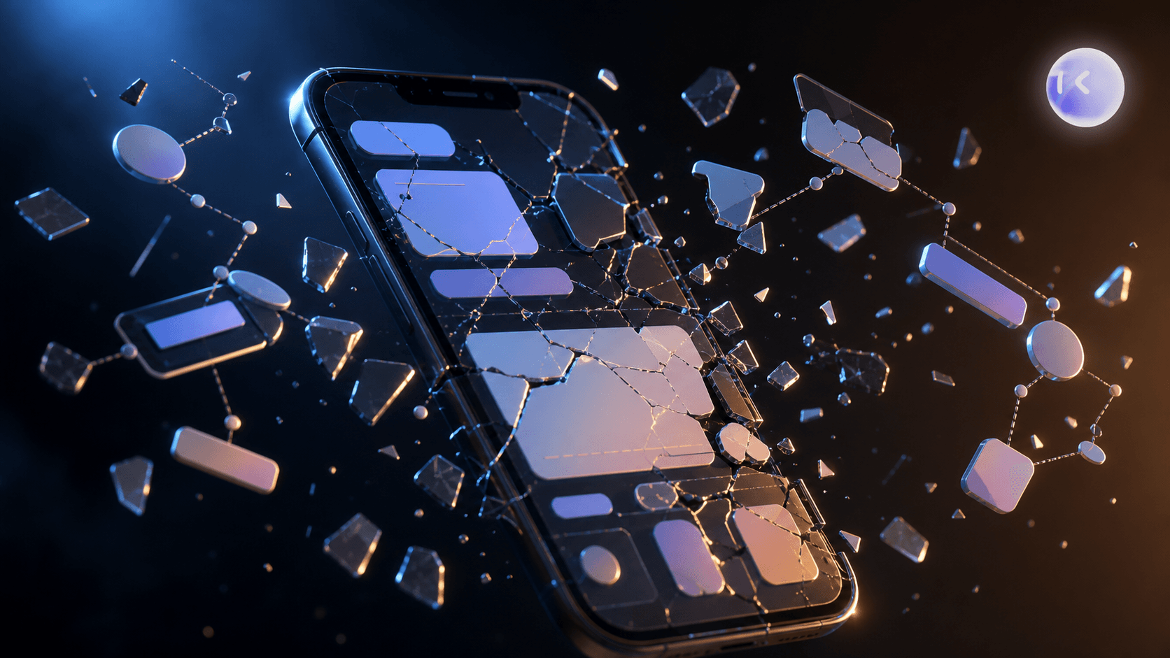 A dramatic close-up of a smartphone displaying a cracked, fragmented app interface, surrounded by floating abstract representations of broken UI selectors and disconnected elements drifting apart in dark space. The phone is suspended in a dark tech-themed environment with blue and amber lighting. Shattered selector lines and geometric fragments radiate outward from the screen, visualizing the concept of brittle mobile test scripts breaking when a UI layout changes. No text, no letters, no labels anywhere in the image.