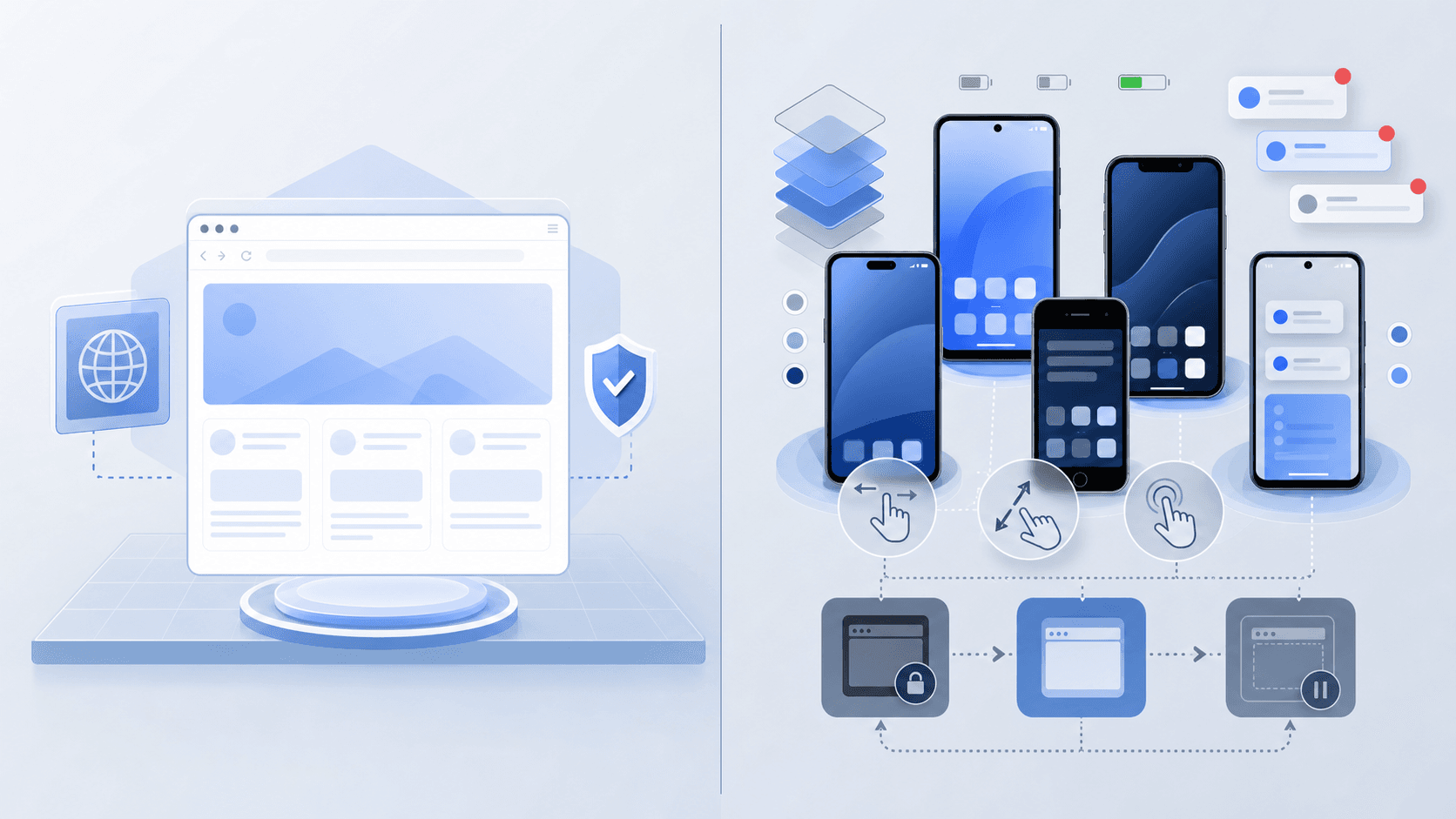 A technical comparison diagram showing two testing environments side by side: on the left, a simple, unified web browser environment with a single clean browser window and consistent rendering; on the right, a fragmented mobile ecosystem with multiple different smartphone devices of varying sizes, different operating system versions represented by layered interfaces, gesture icons (swipe, pinch, tap), notification badges, battery indicators, and app lifecycle states (background, foreground, suspended). Use a modern, technical illustration style with blue and gray tones, geometric shapes, and clean lines. No text or letters.