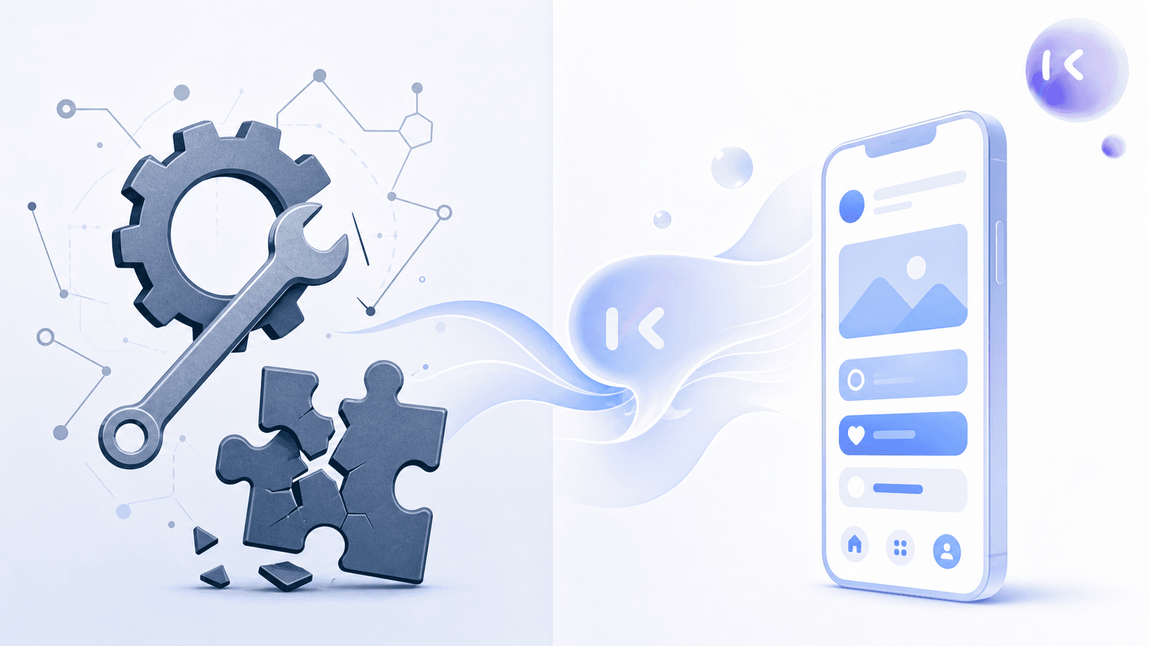 A modern flat-style illustration contrasting two testing approaches side by side: on one side, a rigid gear-and-wrench mechanism connected to a broken puzzle piece representing brittle, code-based selectors; on the other side, a fluid speech-bubble shape flowing smoothly into a mobile phone screen with app interface elements like buttons and icons, representing adaptable plain-language testing. Clean tech-blue and white color palette, minimal, professional, no text or letters anywhere in the image.