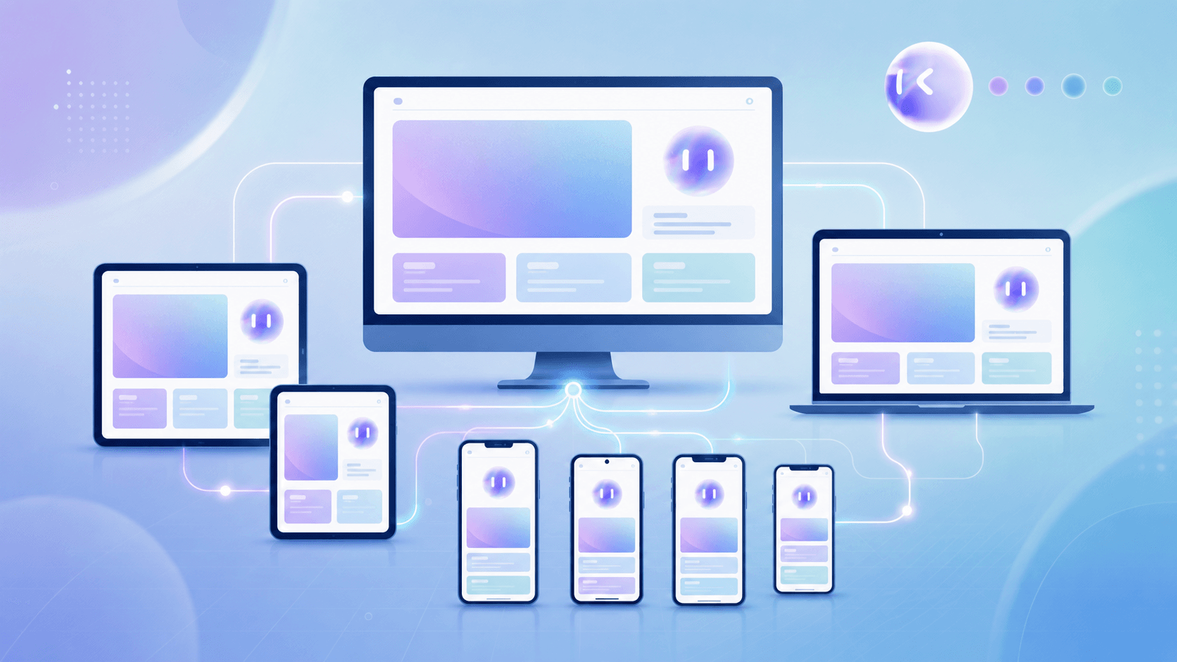 An abstract digital illustration showing a grid of different screen sizes and device shapes — desktop monitors, laptops, tablets, and smartphones — each displaying the same interface layout rendered slightly differently, connected by flowing lines suggesting synchronized testing across environments, cool blues and teals with soft glows, geometric flat design style, no text or labels anywhere