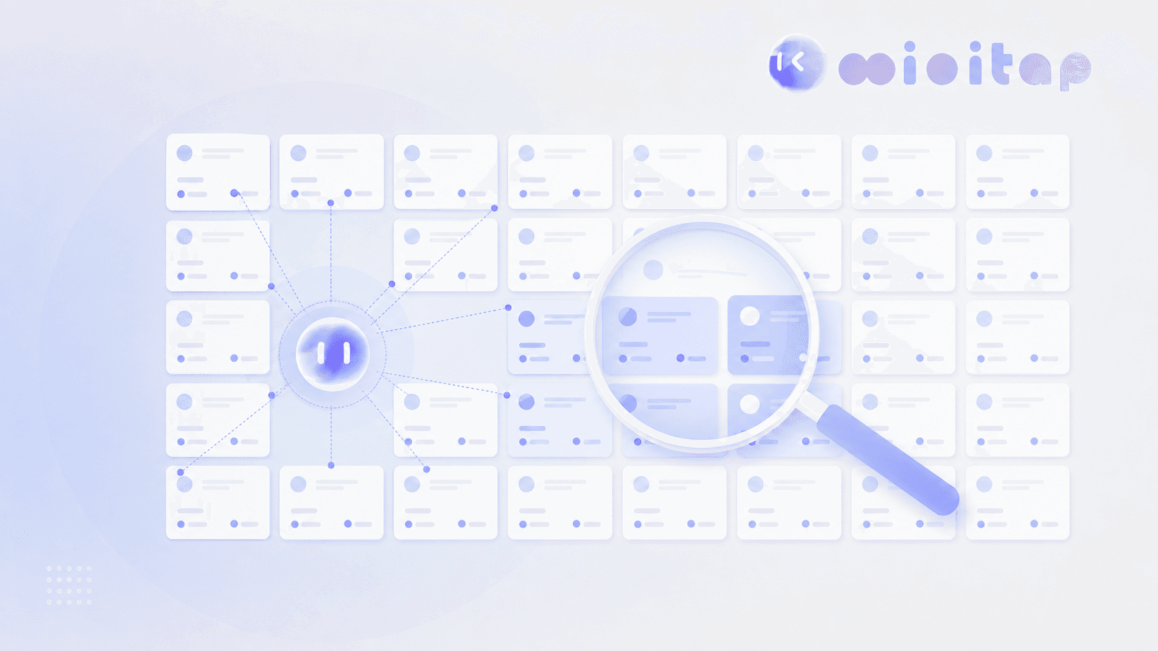 A clean modern flat-style illustration of a large organized grid of small card-like tiles representing a test case management system, with a magnifying glass hovering over a subset of tiles and subtle connecting lines linking some cards to a central hub icon, suggesting version tracking and organization at scale. Soft blue and gray palette, minimal geometric shapes, no text, no words, no letters, no UI labels.
