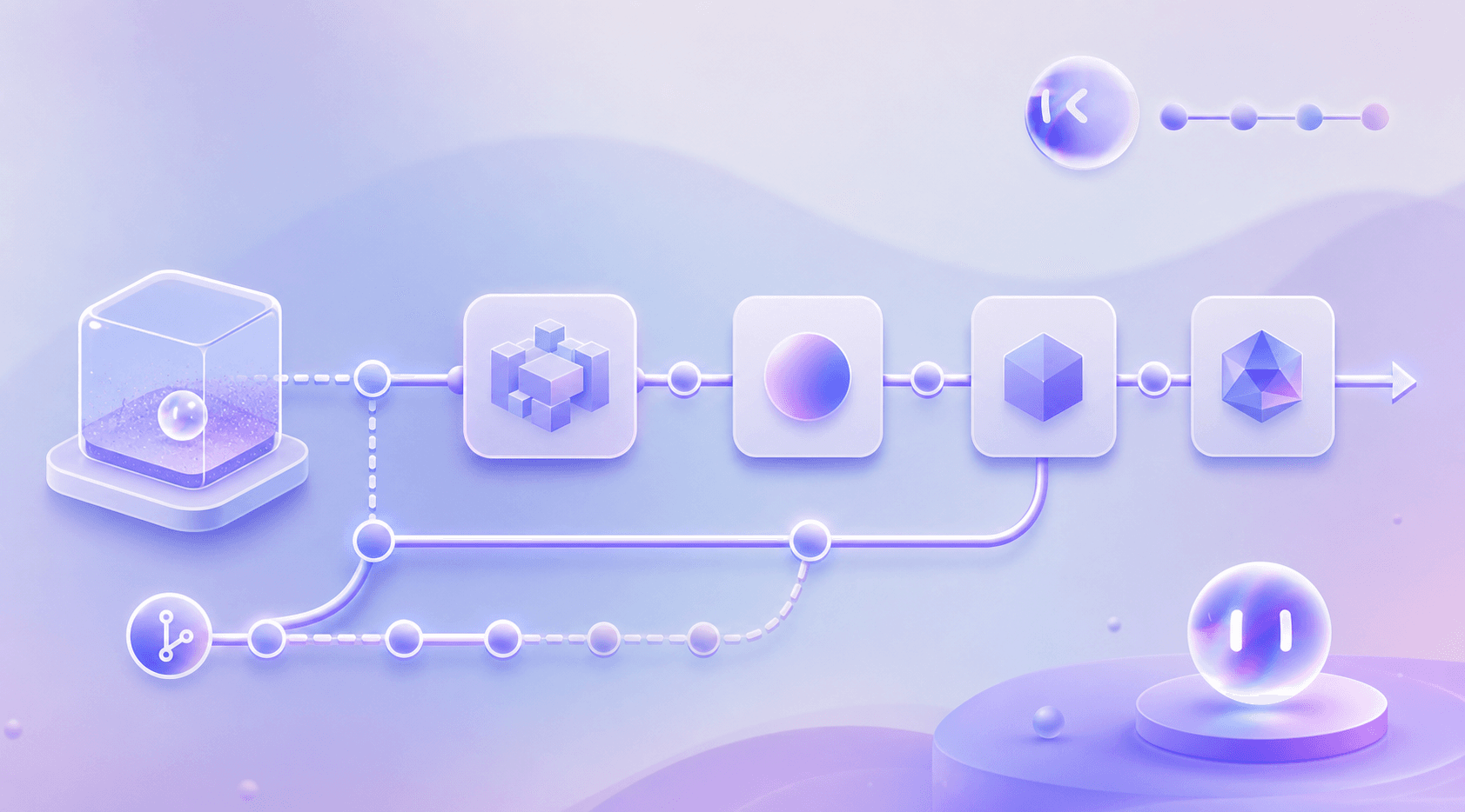 A clean, modern digital illustration of an automated software pipeline: an isolated sandbox environment feeding into a sequence of abstract pipeline stages represented by geometric nodes and connecting lines, showing a code branch merging into a staging and production flow. Abstract tech aesthetic with a blue and purple gradient color scheme, minimal flat design, no text, no words, no letters, no UI mockups with readable text.