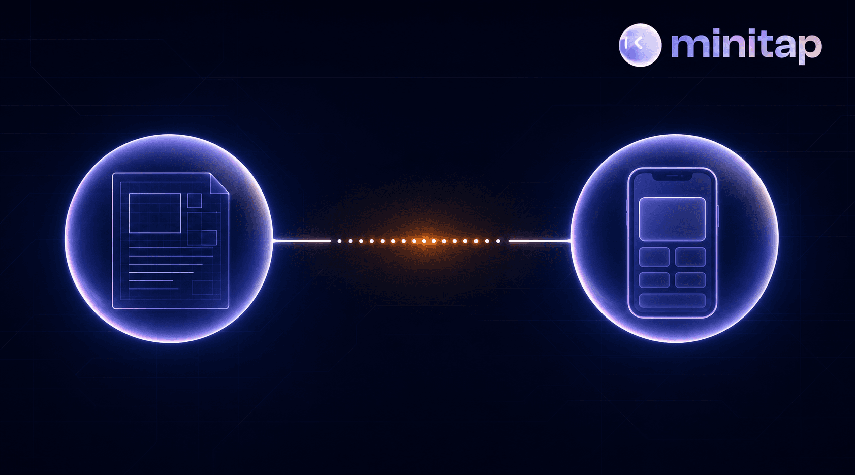 A dark, minimal technical diagram showing two glowing spheres or nodes connected by a dotted gap or break in the line — one node representing a structured document or blueprint on the left, and one node representing a live running mobile app interface on the right. The gap between them is highlighted with a subtle amber or orange glow, symbolizing an unverified interval. The background is deep navy blue with faint circuit-like grid lines. No text, no labels, no symbols.