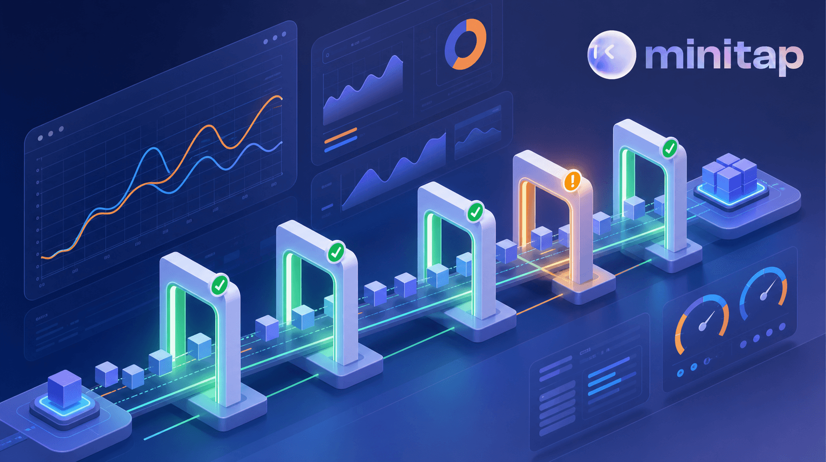 A conceptual technical illustration of a software CI/CD pipeline visualized as a series of connected gates and checkpoints, with small geometric blocks representing code moving through stages, some gates glowing green to indicate passing performance thresholds and one gate glowing amber to indicate a flagged regression, dashboards with abstract line graphs and gauges in the background showing response time trends. Clean modern technical illustration style, blue and orange color palette, no text, no words, no letters, no numbers.