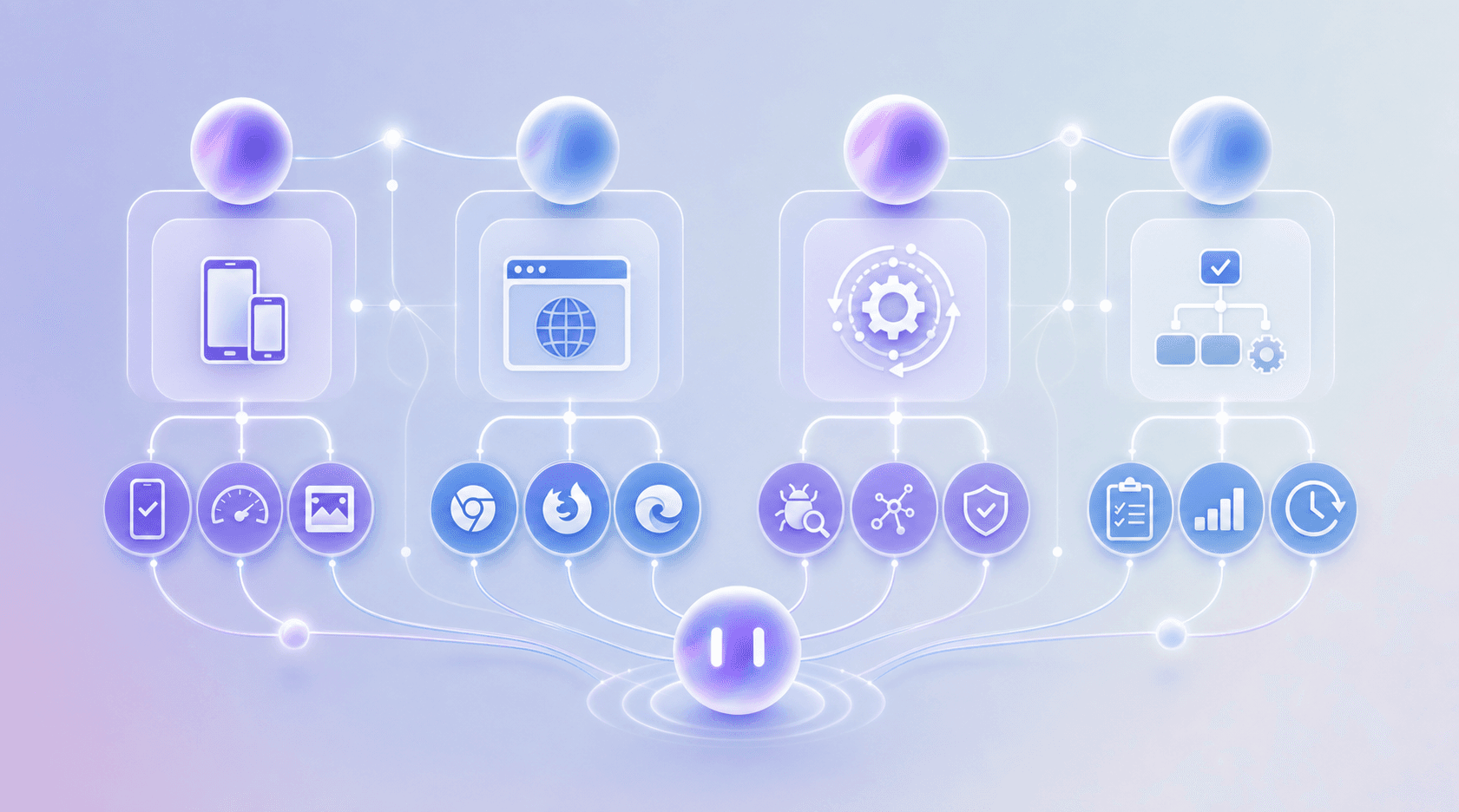 A clean technical comparison visualization showing multiple AI testing tools side by side, abstract icons representing different testing capabilities like mobile devices, web browsers, self-healing automation, and maintenance workflows, connected by flowing lines and nodes in a network pattern, modern tech illustration style with blue and purple gradients, minimalist design