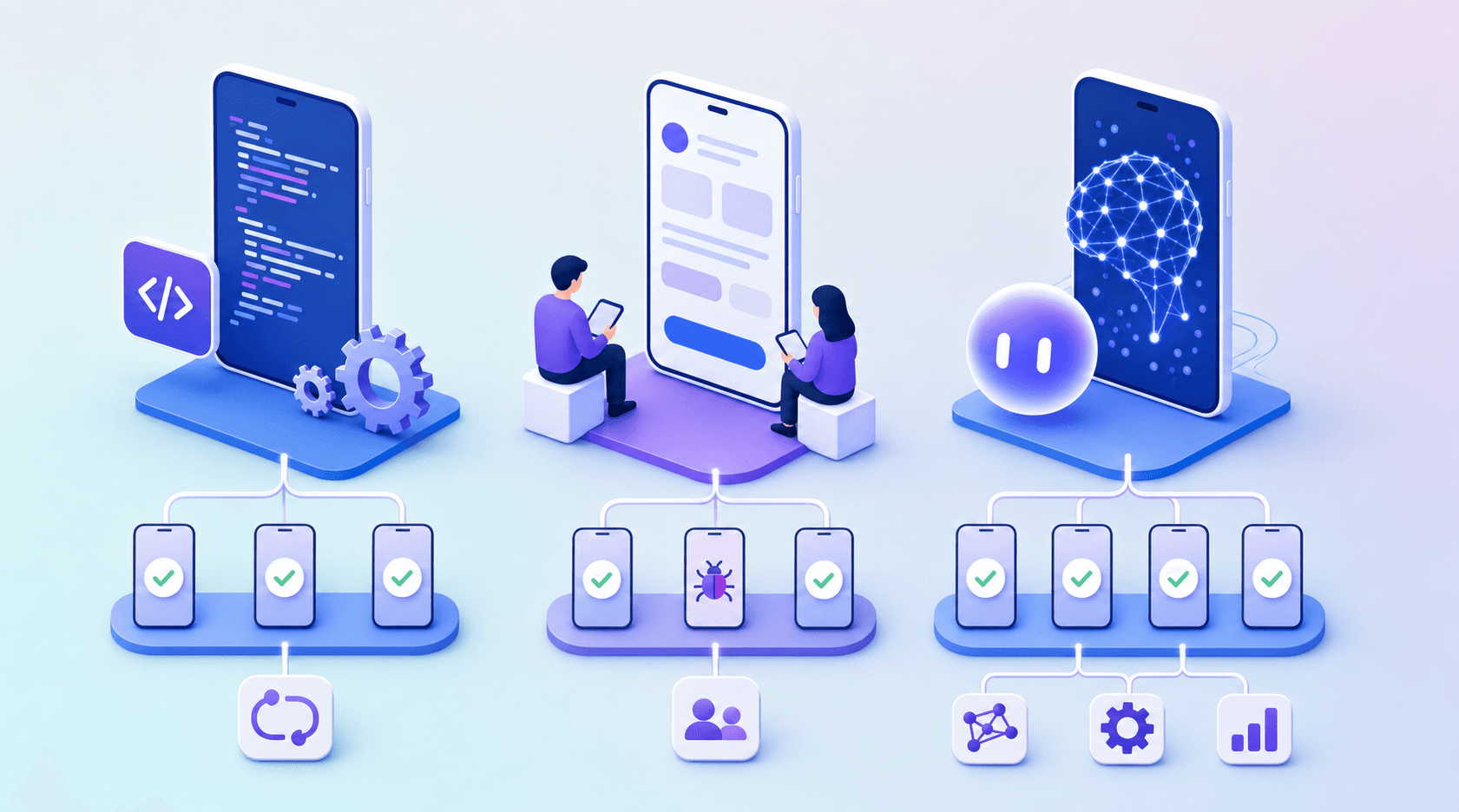 Mobile testing approaches compared side by side: scripted automation, manual testing, and AI-driven autonomous testing