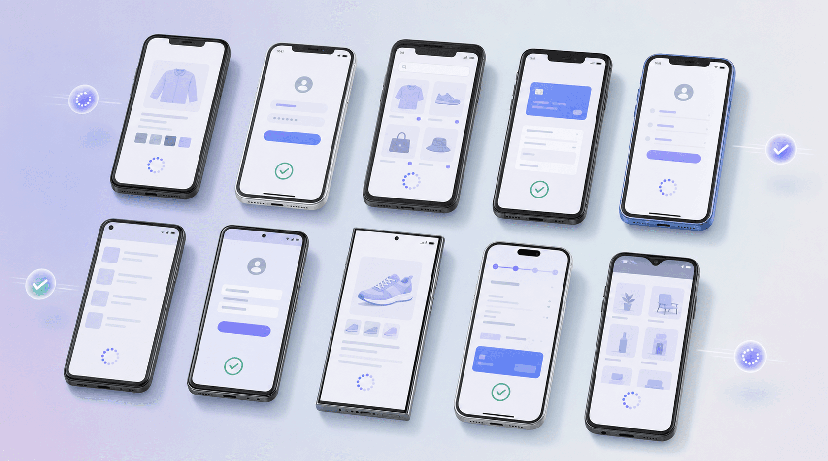 Several devices running different app flows at once — checkout, login and a product catalogue — showing parallel test execution