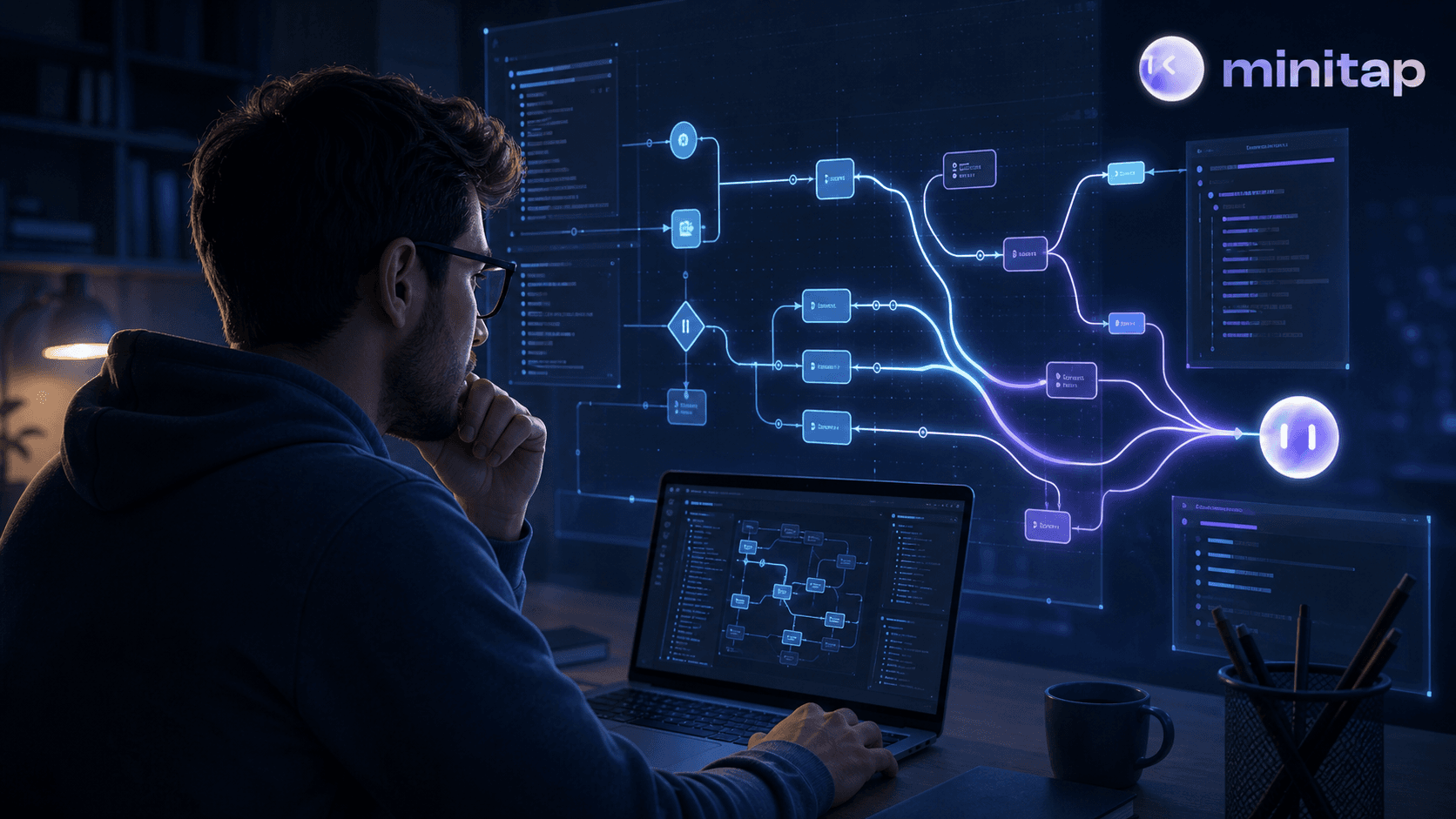 A detailed digital illustration of a software developer at a desk, closely examining glowing branching code paths and flowchart-like logic diagrams projected above a laptop screen, representing tracing a login authentication flow through nested conditional branches. Moody blue and teal tones, technical and analytical atmosphere, no text or letters anywhere in the image.