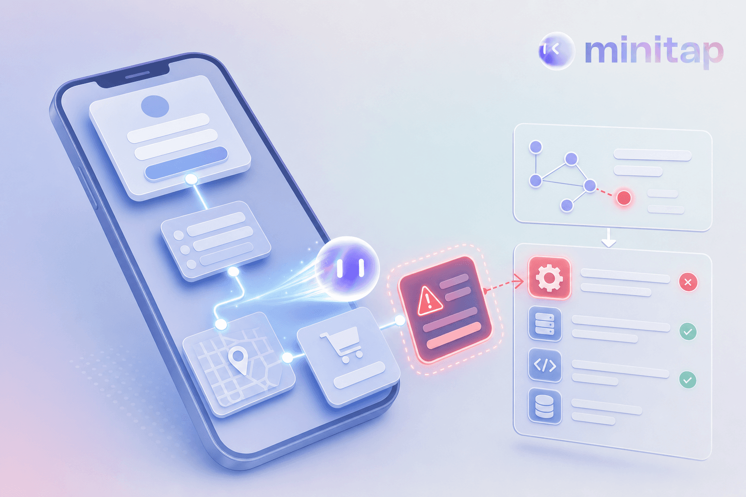 An AI agent tracing login, checkout and navigation steps across an app screen, flagging a failed node with root cause output alongside