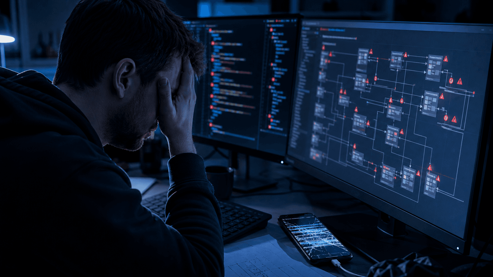 A moody, realistic close-up of a software engineer at a dual-monitor desk setup late at night, screens filled with abstract lines of mobile app UI code and a broken layout hierarchy diagram, red error indicators scattered across the screen, an Android phone lying on the desk showing a cracked or glitching app interface, blue-toned office lighting, conveying frustration and deep technical debugging work. Photorealistic, cinematic lighting, no text or words visible anywhere in the image.