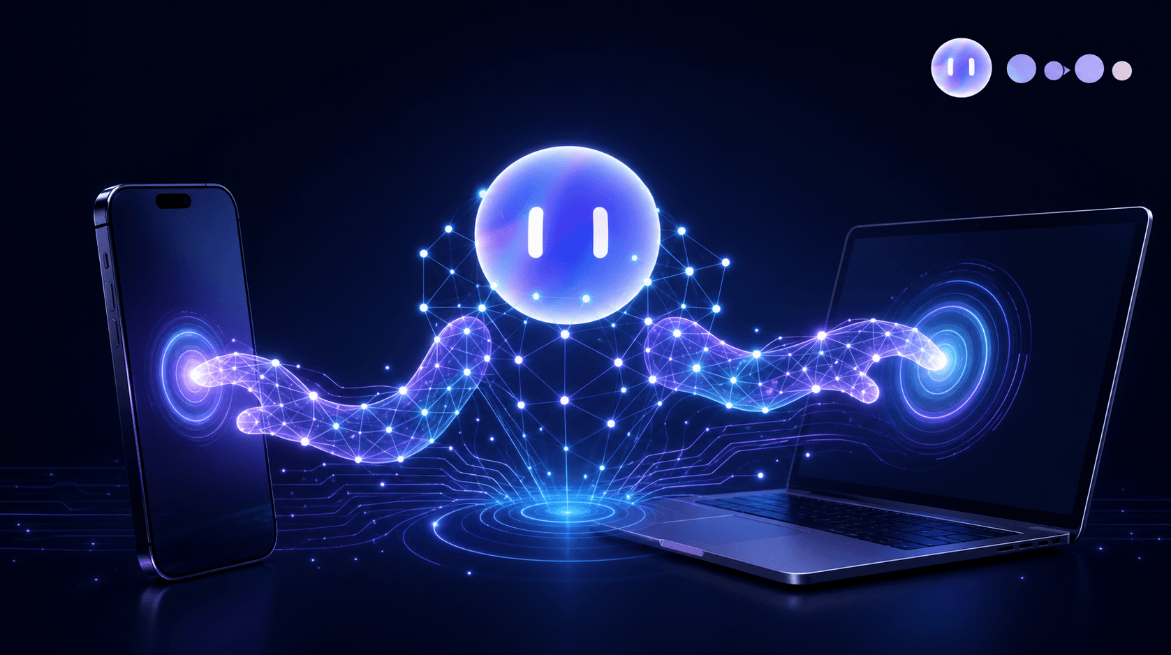 A sleek, modern digital illustration of an autonomous AI agent depicted as a glowing network of interconnected nodes, simultaneously reaching into a smartphone screen and a laptop screen to run automated checks across both interfaces. Abstract circuit-like light trails connect the agent to each device, symbolizing continuous cross-platform testing. Dark navy background with cyan and violet accent lighting, clean minimalist tech illustration style, no text, no words, no letters, no UI elements.