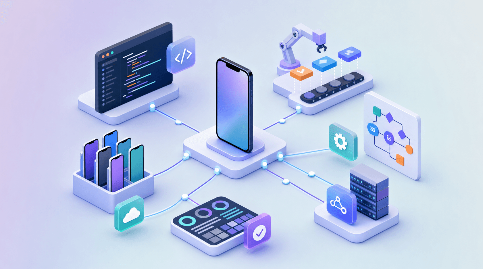 A testing ecosystem radiating from a phone: code terminals, execution pipelines, and parallel emulator and simulator instances