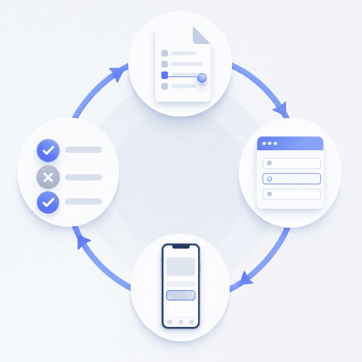 The functional testing loop: select requirements, define test inputs, execute against the app, then log pass/fail results