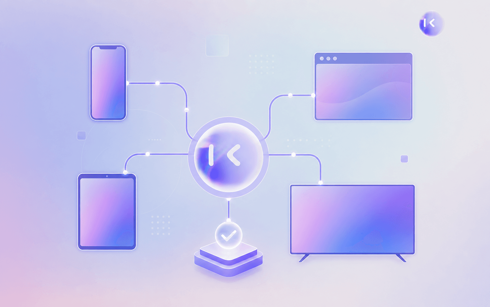 A clean, modern digital illustration representing cross-platform regression testing: an abstract network of interconnected devices — smartphone, tablet, browser window, and TV screen outlines — linked by flowing data lines converging into a single automated checkpoint node. Abstract tech aesthetic with a blue and purple gradient color scheme, minimal flat design, geometric shapes, no text, no words, no letters, no UI mockups with readable text.