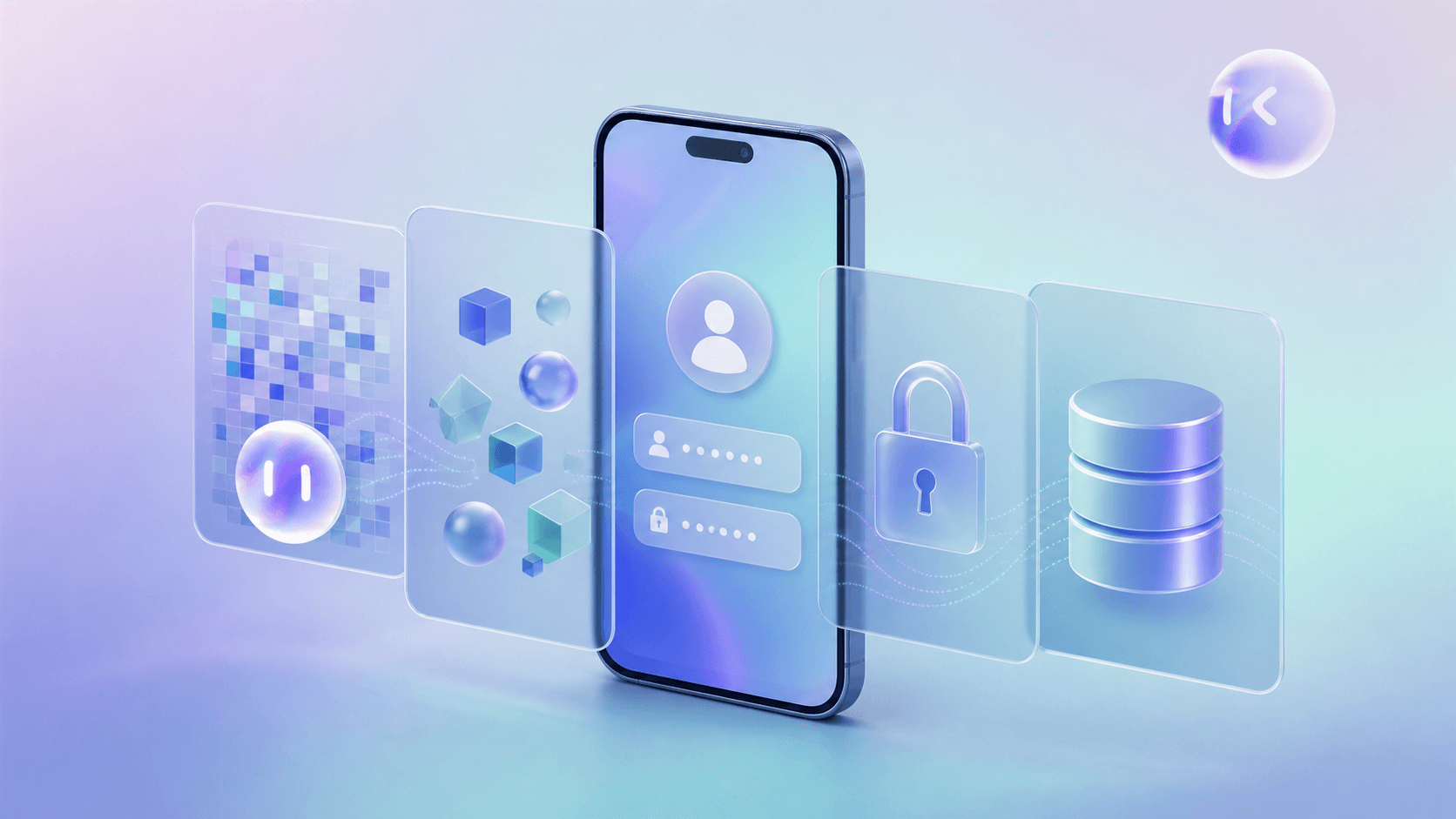 A conceptual illustration of mobile app data security: a smartphone displaying an abstract login screen, surrounded by layered translucent panels representing different data categories — one panel with scrambled pixelated patterns (masked data), one with clean geometric shapes (synthetic data), one with a small padlock icon (credentials), and one with a database cylinder icon (production data). Cool blue and teal color palette, clean modern tech illustration style, soft gradients, no text or letters anywhere in the image.