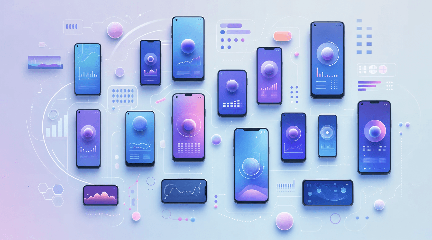 A technical illustration showing mobile device fragmentation and testing complexity. Multiple smartphone silhouettes of different sizes and aspect ratios arranged in a scattered pattern, each with different colored screens suggesting varied OS versions and states. Visual representation of memory levels, background processes, and system load using abstract graphs and indicators overlaid on the devices. Use a modern tech aesthetic with blue and purple gradients, clean lines, and a sense of technical complexity without chaos. No text or letters.