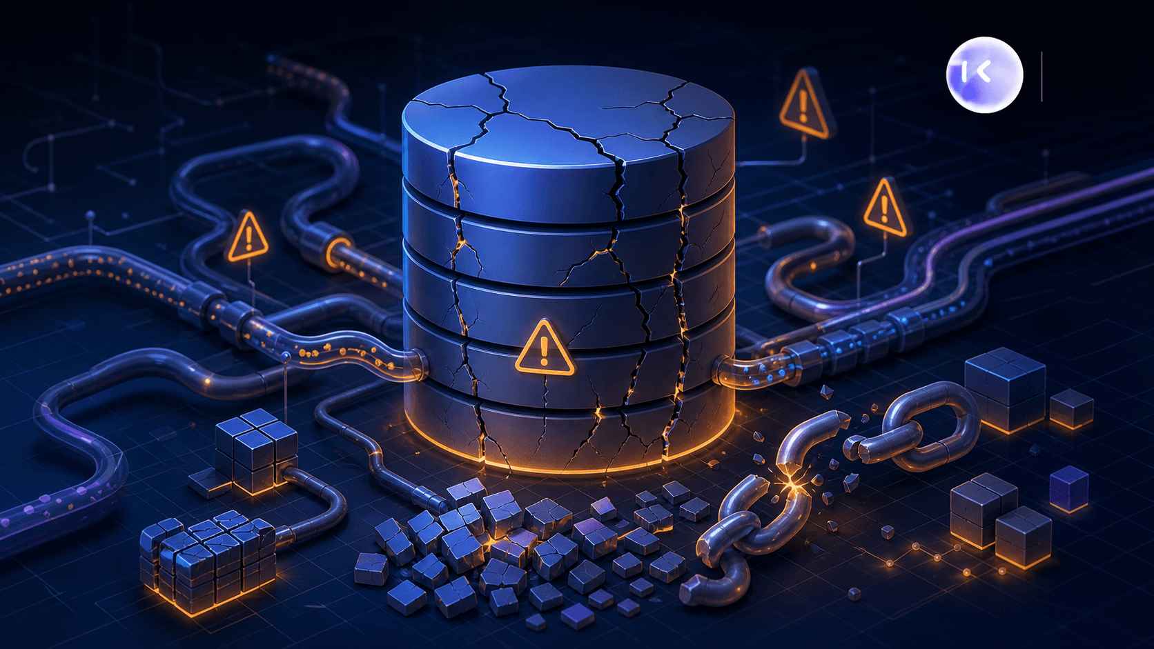 A conceptual technical illustration of a database system under strain: a large cylindrical data storage structure with visible cracks and warning indicators, surrounded by tangled data pipelines, a broken chain link motif representing pagination failure, and fragmented data blocks scattered near the base, rendered in a dark-blue and amber color palette with clean geometric shapes and subtle glowing highlights on the stress points. No text, no words, no letters, no numbers anywhere in the image.