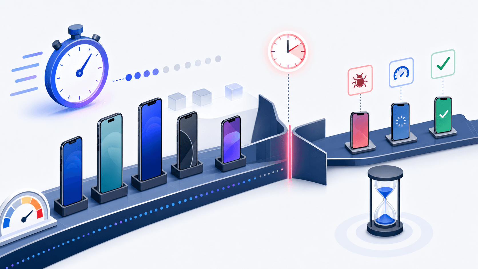 Phones queued for manual testing behind a narrowing bottleneck, with clocks marking the time pressure before release