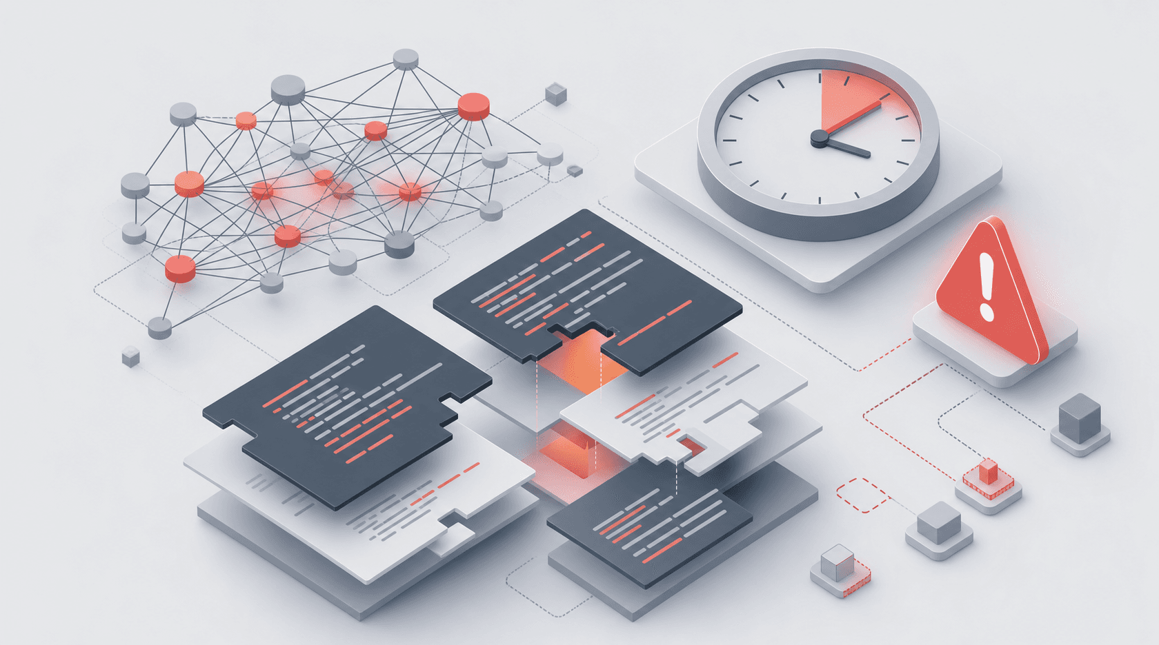 Development friction points: a tangled dependency graph, time pressure, gaps between code layers, and unresolved warnings