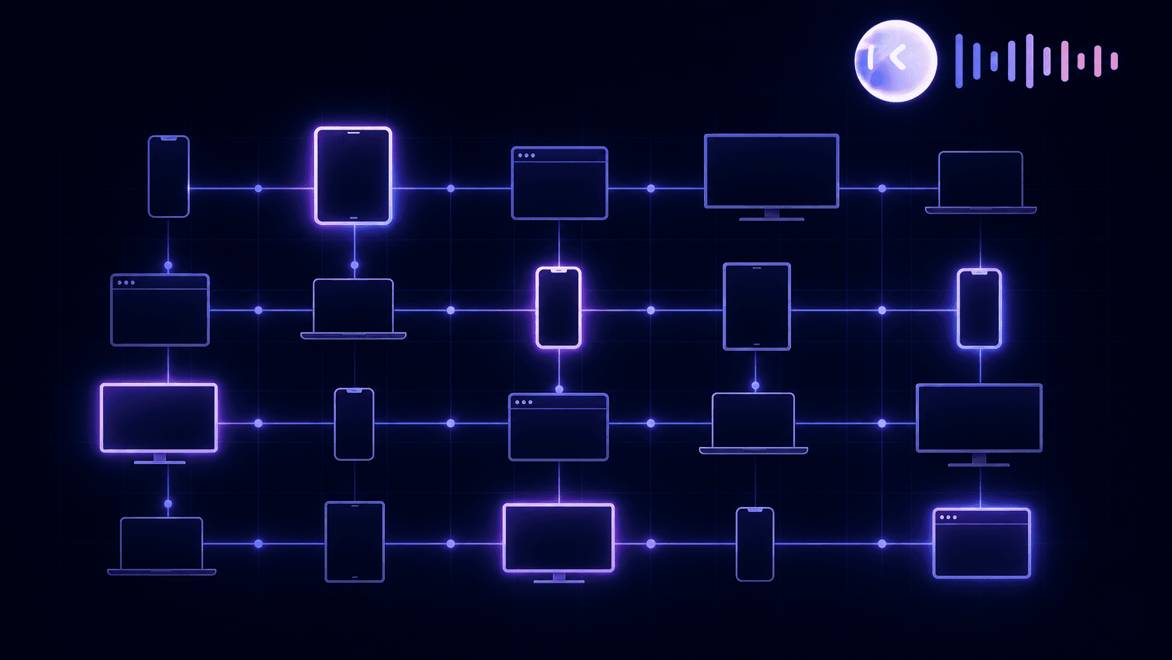 A clean, modern technical illustration representing enterprise-scale QA regression testing complexity: an abstract grid or matrix of interconnected device silhouettes (phone, tablet, TV, browser window, laptop) arranged in rows and columns, connected by thin glowing lines representing test coverage paths, some nodes highlighted to suggest priority or risk. Cool blue and purple gradient palette on a dark background, geometric and minimal style, subtle grid lines suggesting a coverage matrix, no text or letters anywhere in the image.