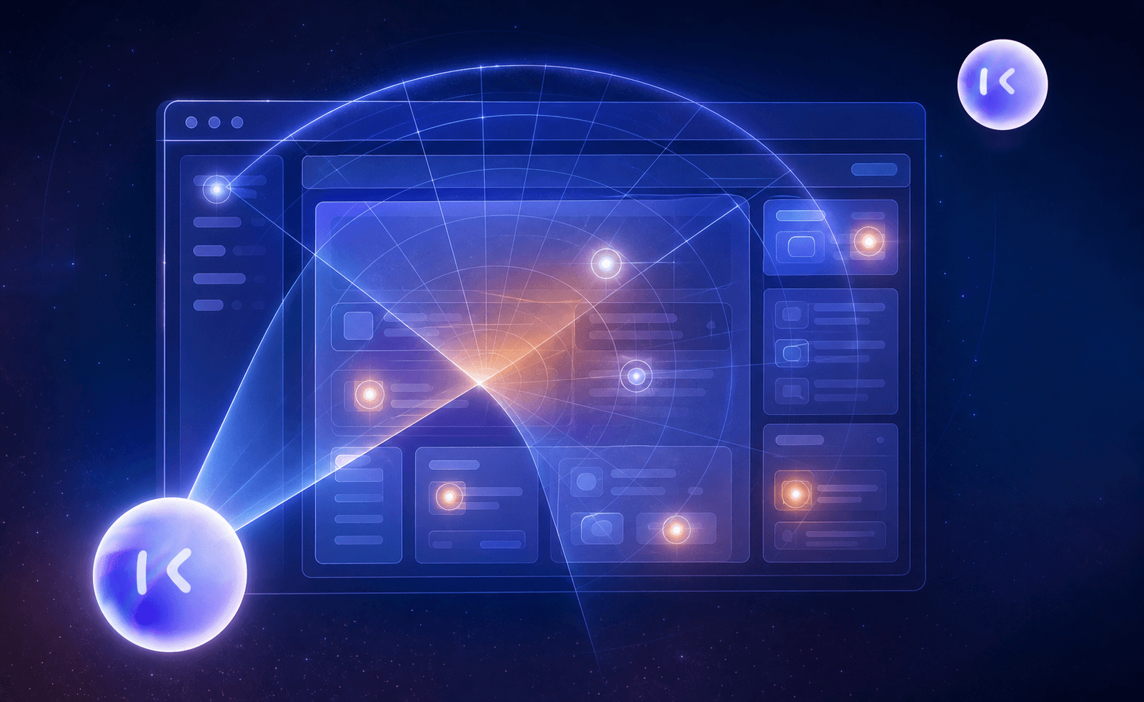A digital illustration of an AI agent's perspective scanning a web application interface: a translucent glowing scanning grid or radar-like overlay sweeping across a browser window filled with abstract UI panels, cards, and buttons, with soft glowing nodes highlighting different interactive elements as if being visually recognized in real time. Moody blue and orange color palette, abstract tech/editorial style, conveying intelligent perception and adaptive understanding of a live interface. No text, no words, no letters.