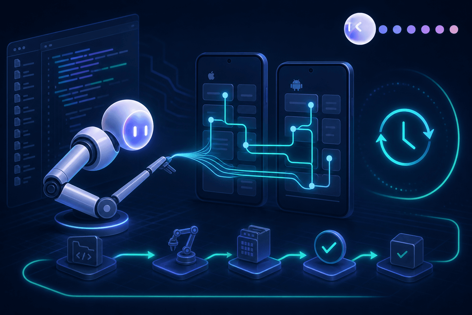 A dark-themed technical illustration showing a sleek autonomous robot arm or AI agent connected directly to a mobile app codebase — represented as glowing source code files and a smartphone interface. The agent smoothly maps test paths across iOS and Android screens simultaneously, with flowing circuit-like lines tracing every user flow through the app. In the background, a continuous integration pipeline runs in a loop, showing a clock icon completing a full regression cycle in under an hour. The overall mood is precise, efficient, and autonomous, with a blue and teal color palette on a deep navy background. No text, no words, no labels, no letters.