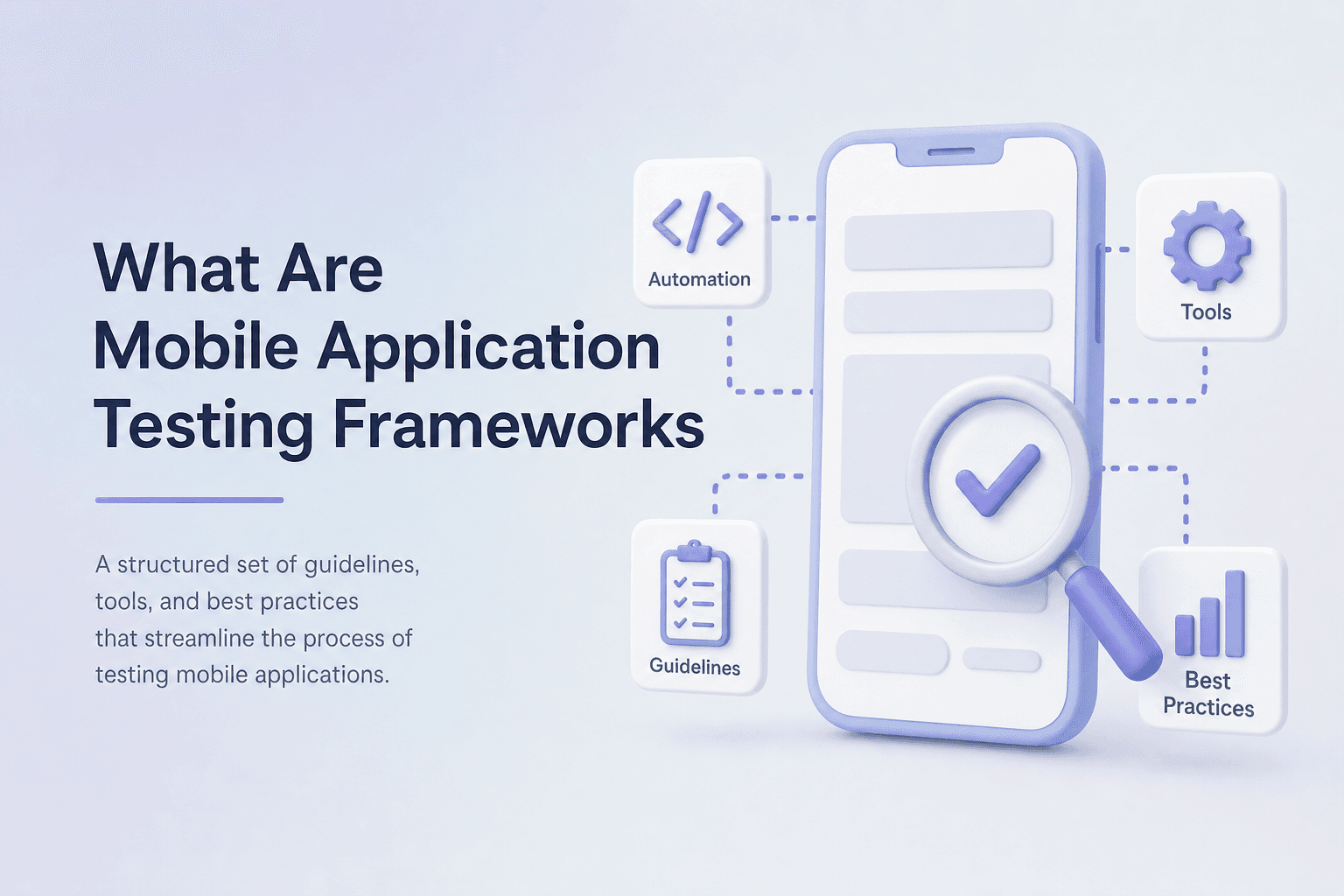 Title card, "What Are Mobile Application Testing Frameworks" — a structured set of guidelines, tools and best practices that streamline the process of testing mobile applications