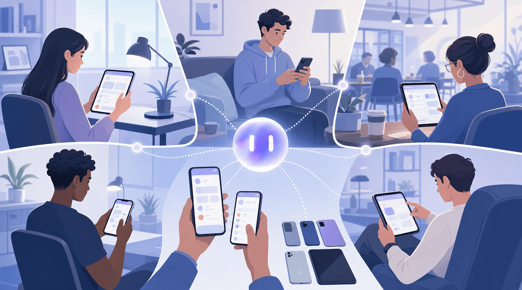 A distributed network of crowd testers working on phones and tablets from home offices, cafés and living rooms