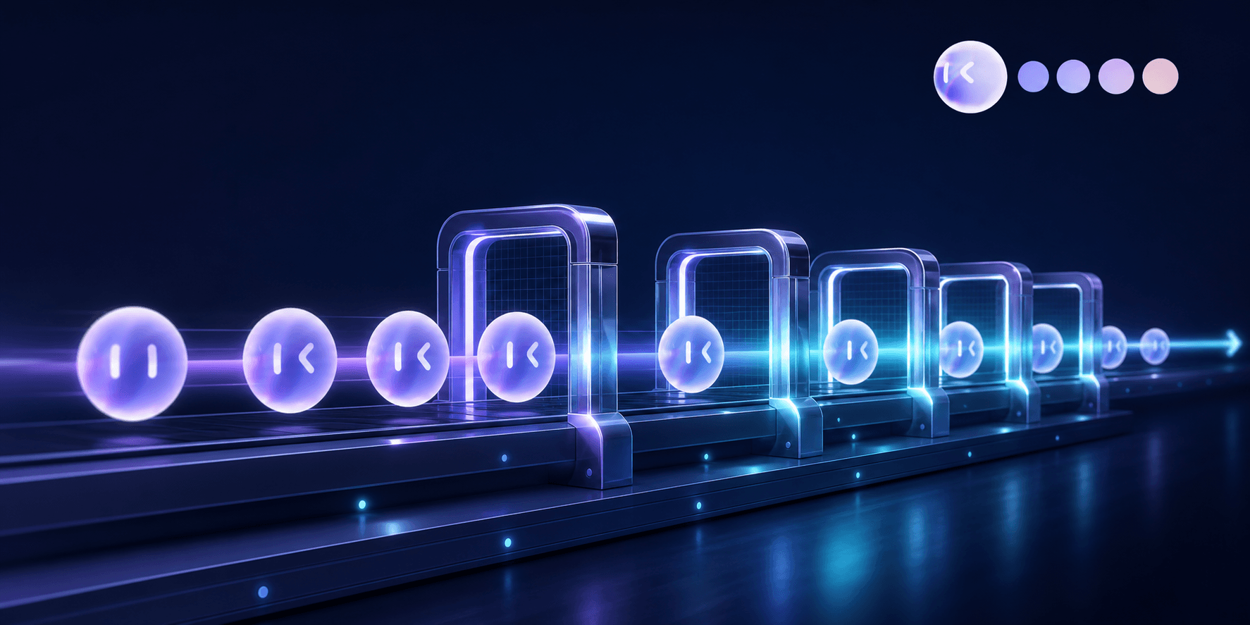 A wide, moody editorial tech illustration of a continuous software delivery pipeline: an abstract horizontal conveyor of glowing code commit nodes flowing through a series of translucent gate checkpoints, each gate lit with a soft pulse to suggest automated validation. Dark navy background, cool blue and teal accent lighting, clean geometric shapes, subtle depth and glow, minimalist modern editorial illustration style, no text, no words, no letters, no UI text.