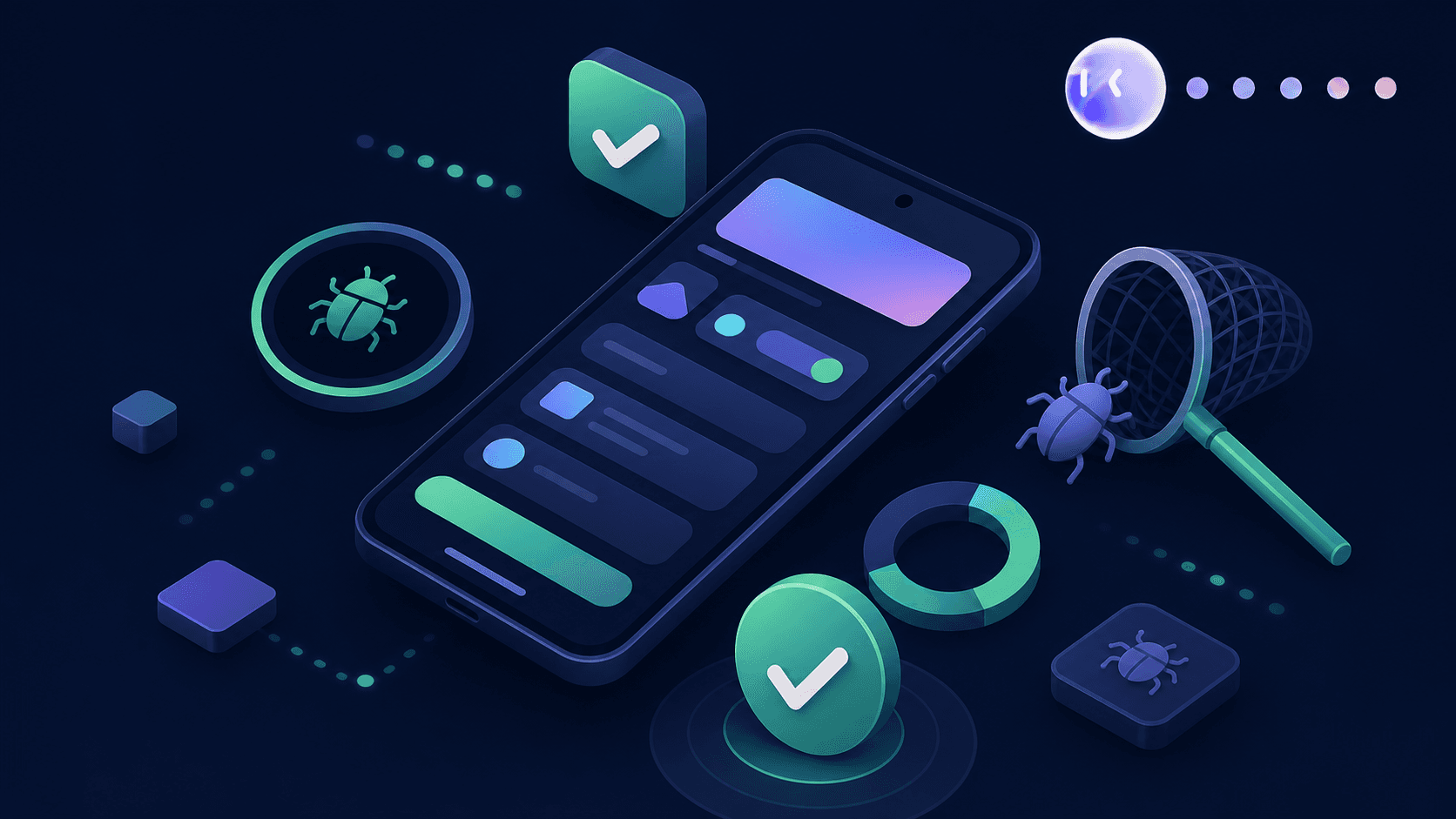 A clean isometric illustration showing a smartphone displaying an Android app interface with abstract UI elements like buttons and cards, surrounded by floating checkmarks, bug icons being caught in a net, and circular progress indicators suggesting automated quality verification, on a dark navy background with subtle green and teal accents, no text or labels