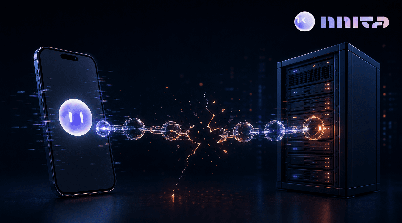 A dark-themed technical illustration showing a mobile smartphone connected to a server via a fragile, cracked or broken chain of network signals, with subtle glitch effects and unstable connection indicators — abstract visualization of flaky test communication between client and device, no text or labels, moody blue and orange tones