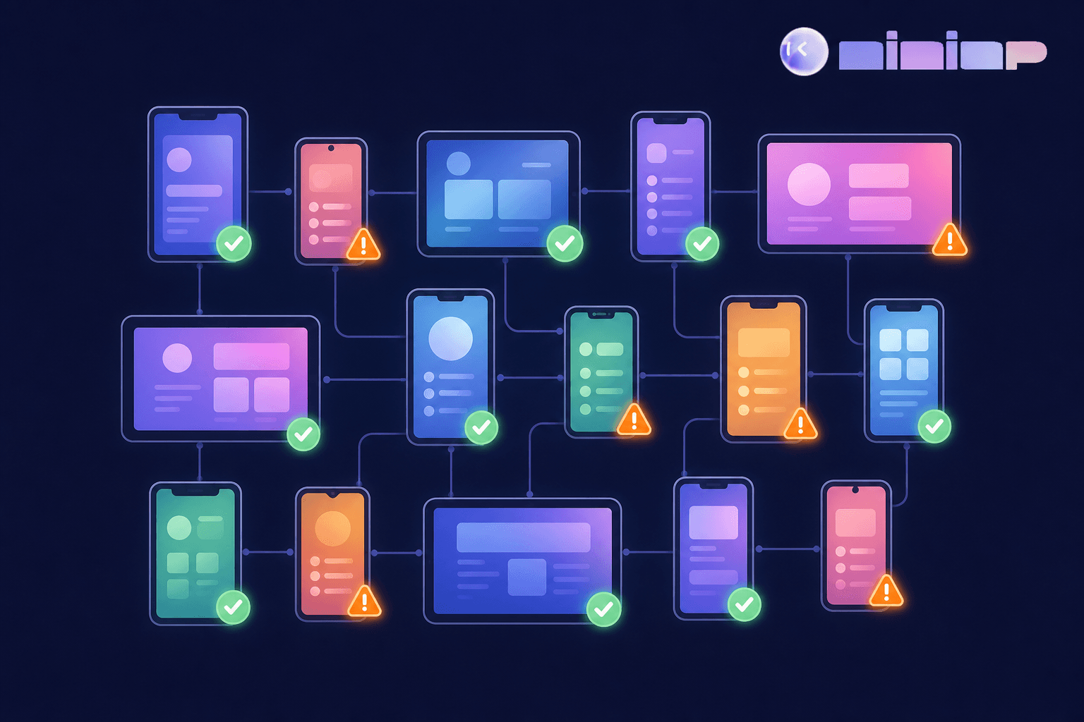 Abstract flat design illustration of mobile app testing across device fragmentation. A grid of smartphones and tablets in various sizes and shapes, each showing a different colored UI screen. Some devices have green checkmark overlays indicating passing tests, others have orange warning indicators showing failures. Thin connecting lines between devices suggest a testing network. Dark navy background, geometric shapes, soft glows, clean minimal style, no text or labels anywhere.