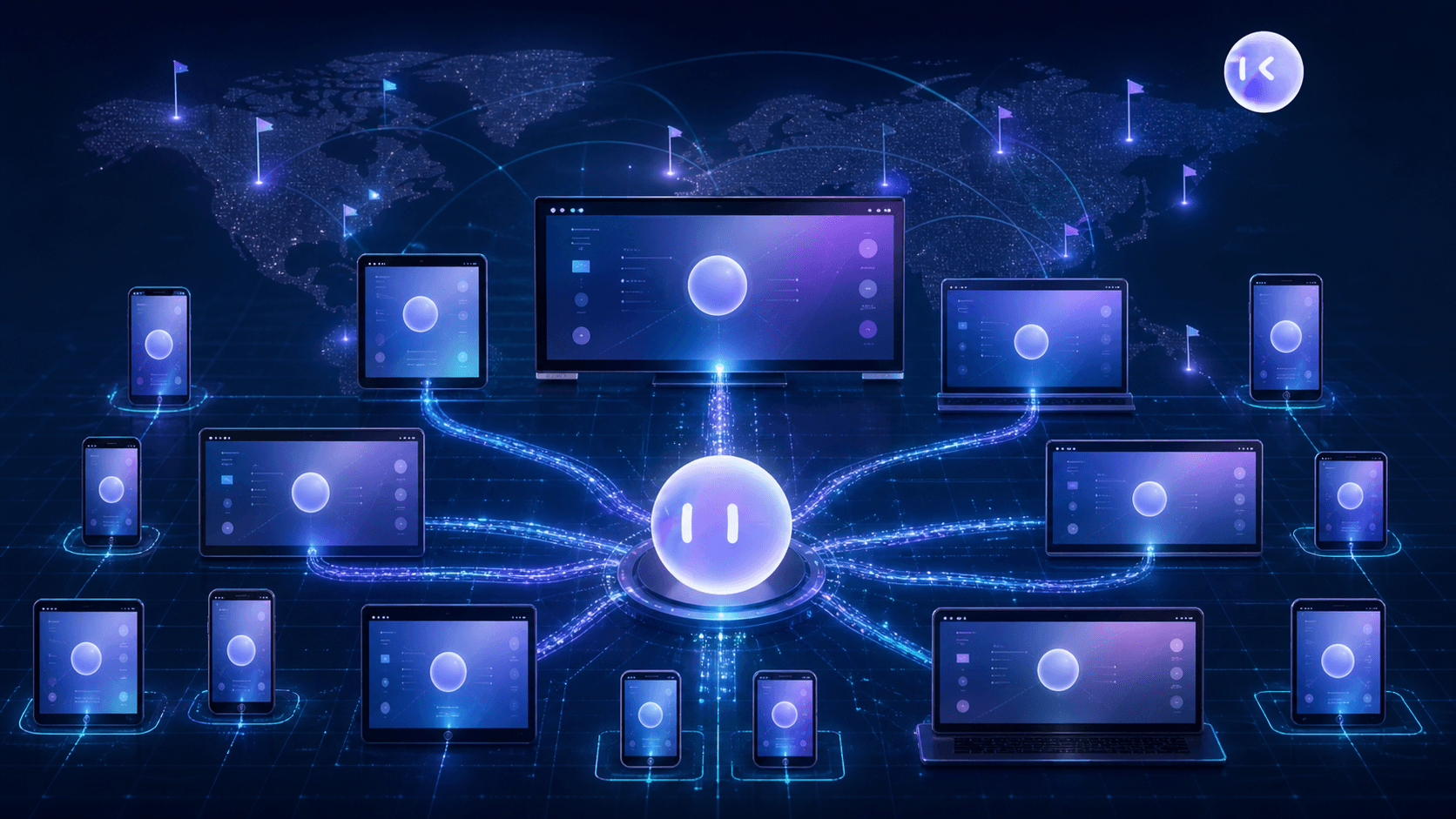 A detailed digital illustration showing a wide array of physical devices—smartphones, tablets, a television, and laptop browser windows—arranged in a grid, each displaying a glowing app interface being simultaneously monitored by streams of light connecting them to a central control hub. Include subtle world map contours and small flag-like markers in the background to suggest multiple geographies. Moody blue and teal tones, technical and expansive atmosphere, no text or letters anywhere in the image.